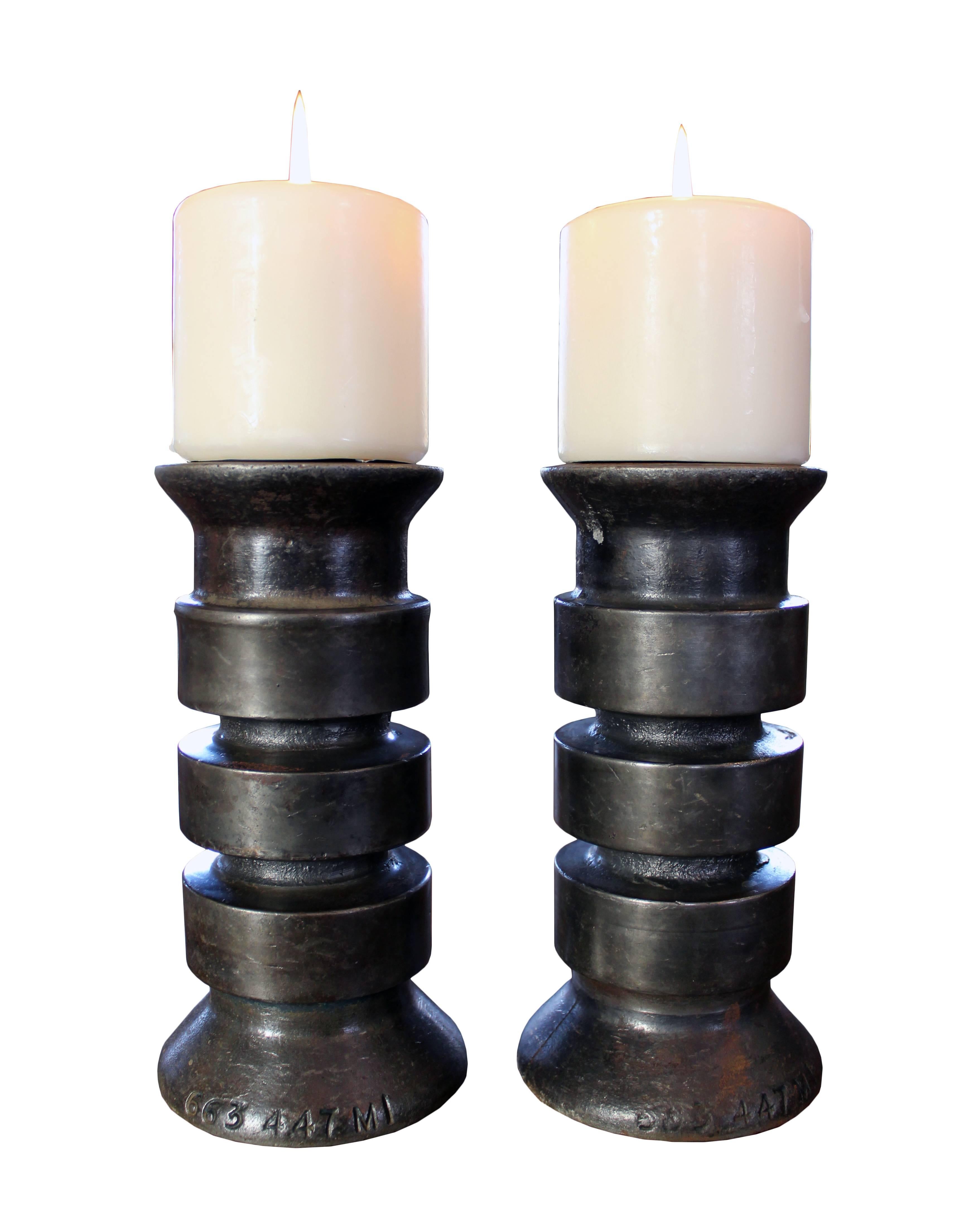 Set of two Industrial vintage steel and metal rustic candlesticks holders and stands. Measures: 7 1/4