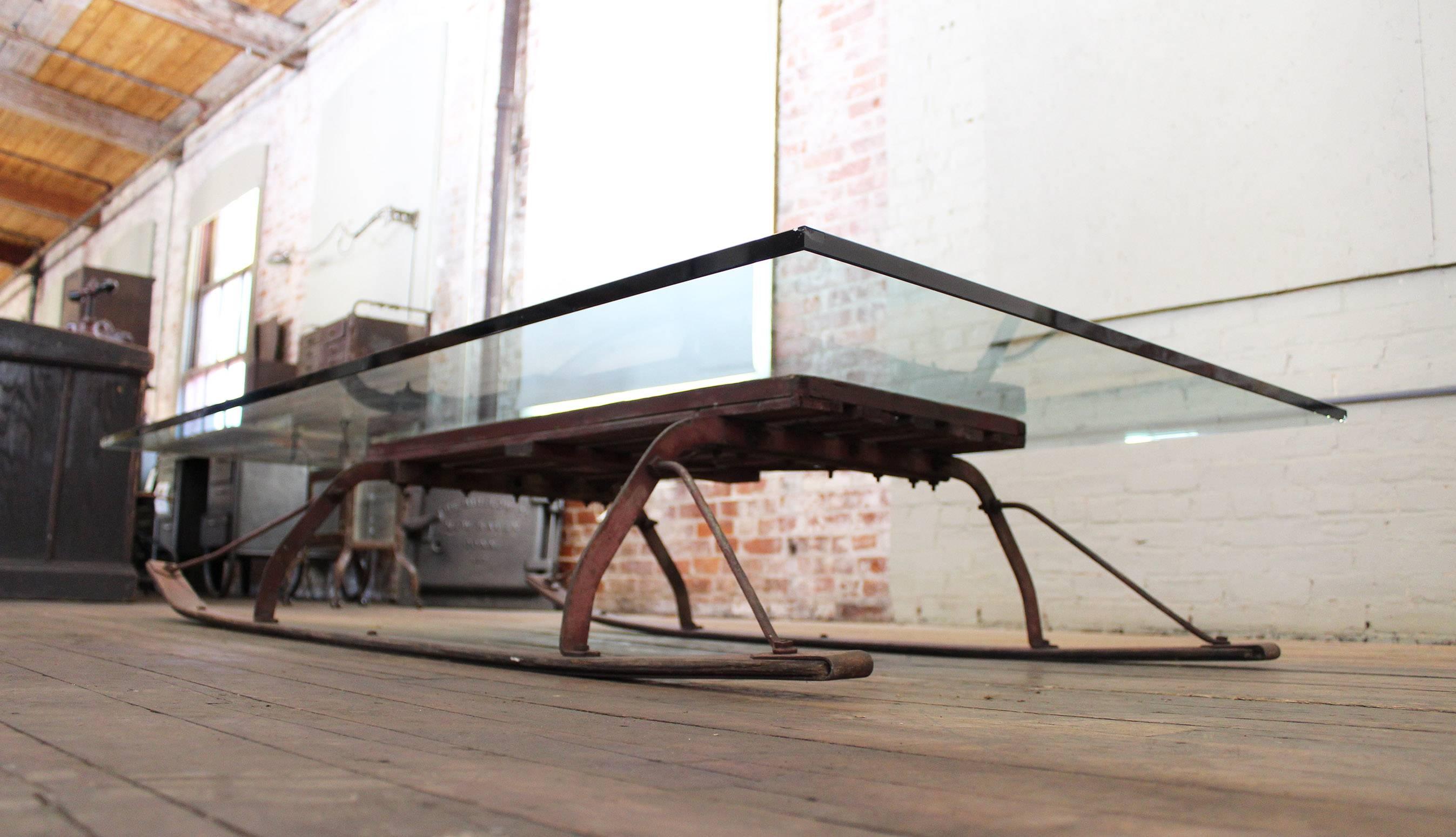 American Coffee Table Vintage Industrial Wood and Glass Sled  For Sale