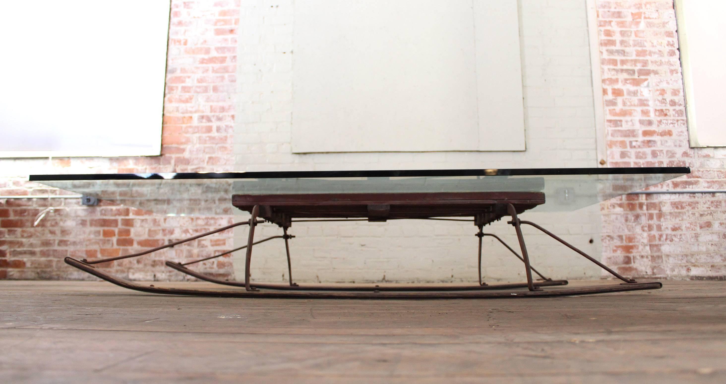 Coffee Table Vintage Industrial Wood and Glass Sled  In Distressed Condition For Sale In Oakville, CT