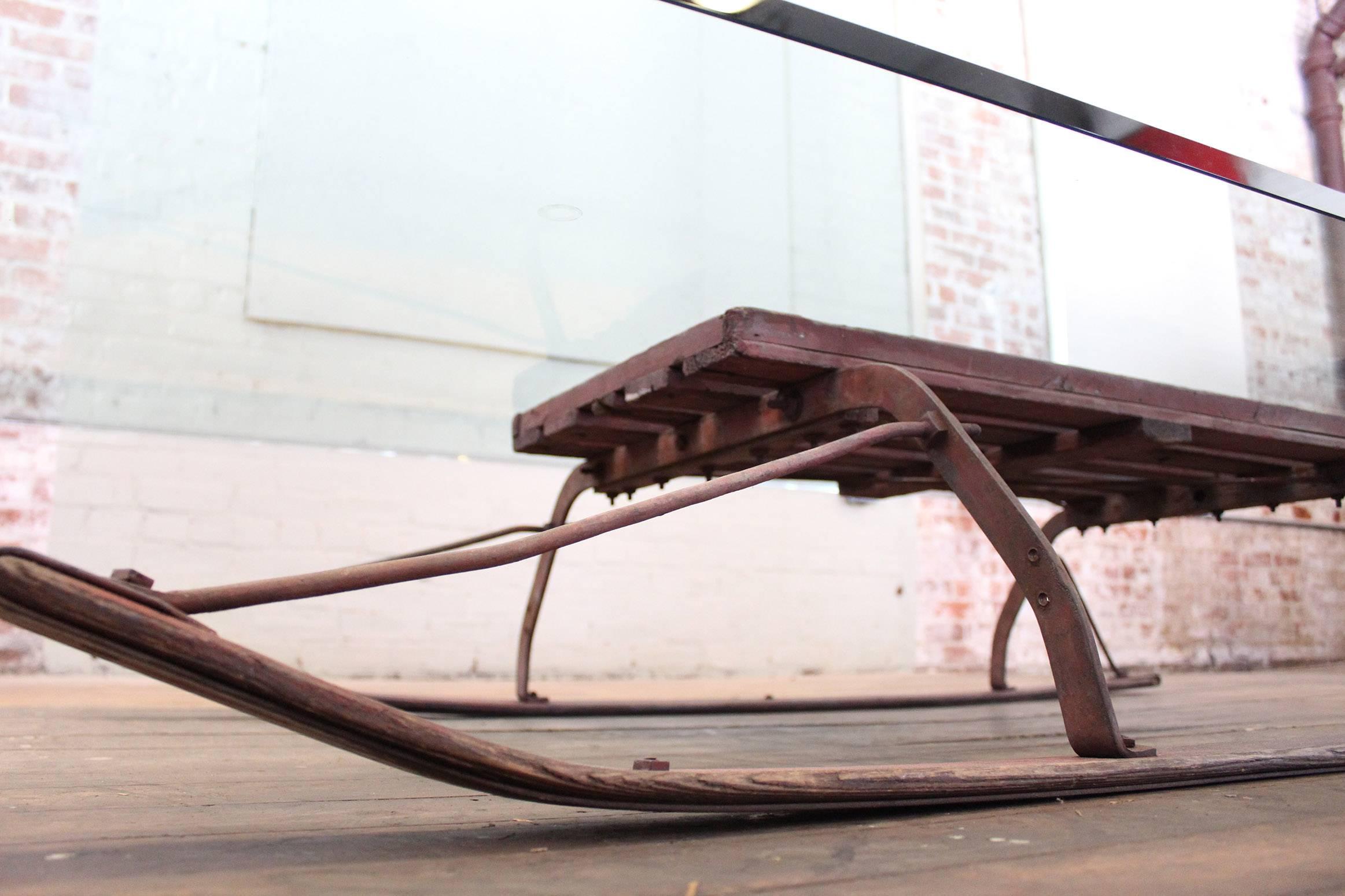 Metal Coffee Table Vintage Industrial Wood and Glass Sled  For Sale