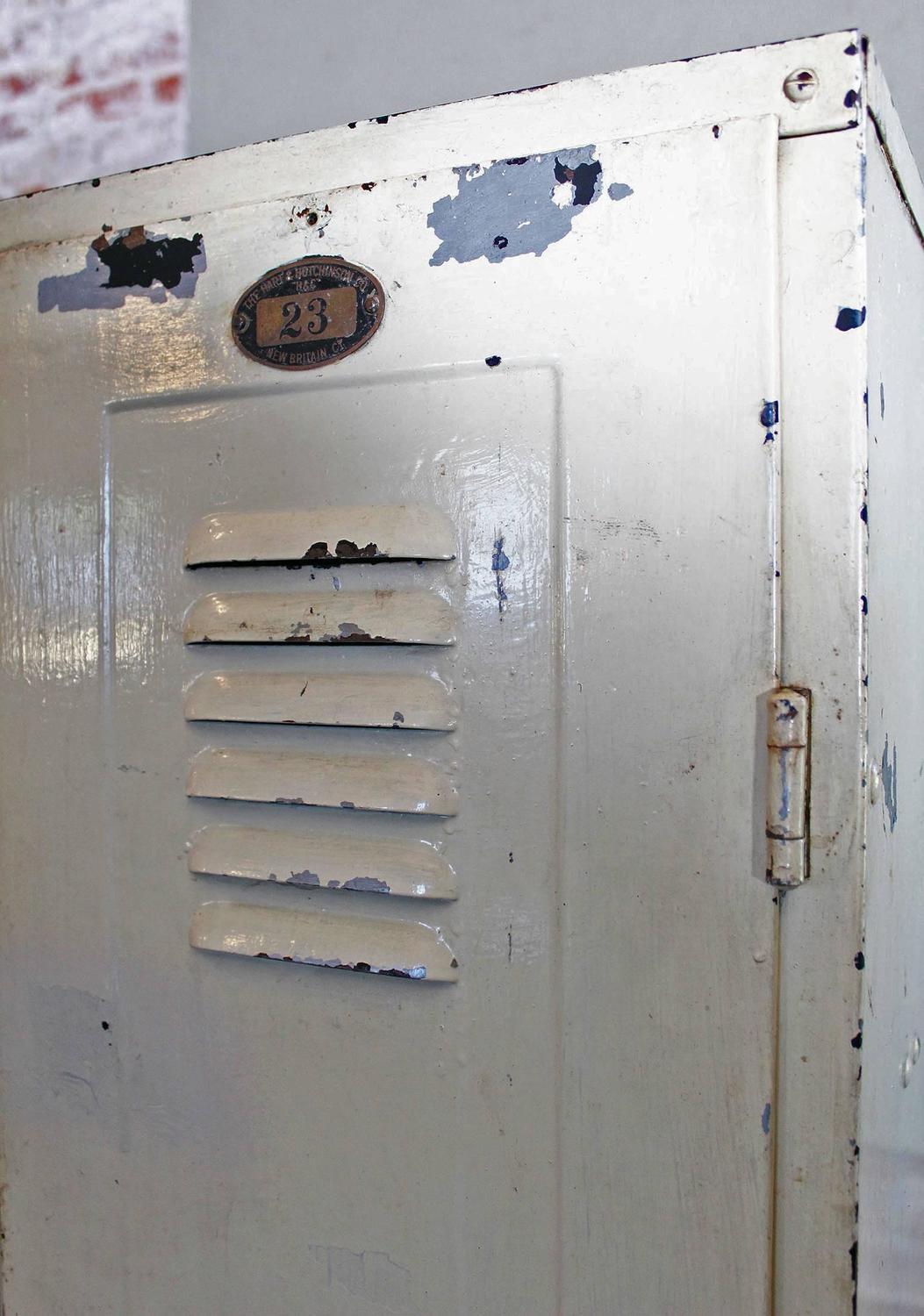 Pair of Vintage Industrial Steel Metal Lockers with Brass Knobs and