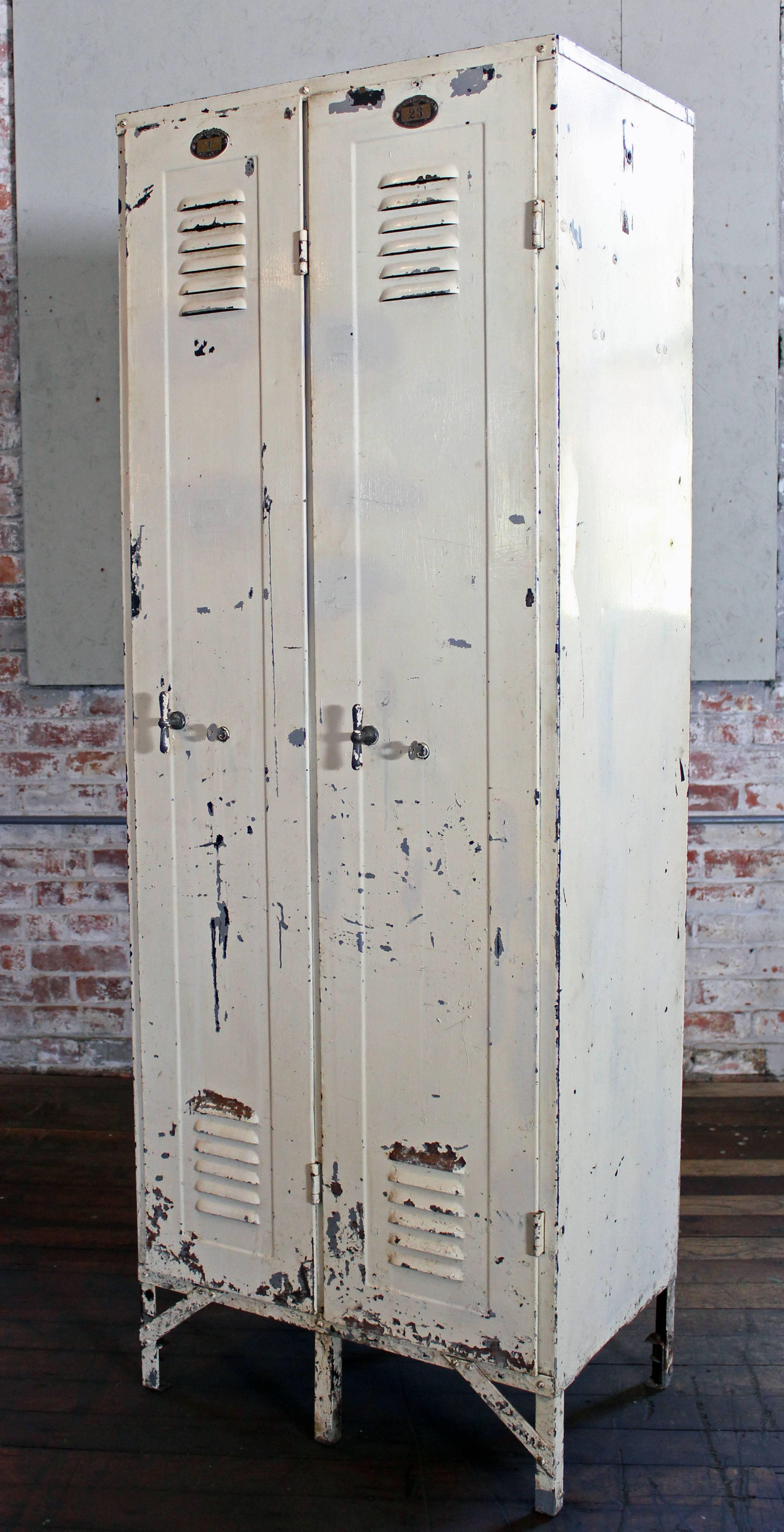 Pair of Vintage Industrial Steel Metal Lockers with Brass Knobs and Number Plate In Distressed Condition In Oakville, CT