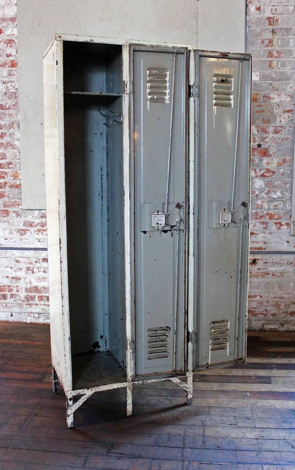 Pair of Vintage Industrial Steel Metal Lockers with Brass Knobs and