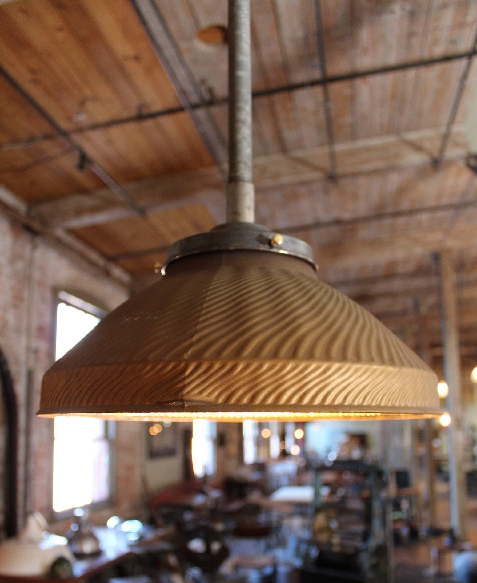 Gold mercury glass hanging pendant ceiling lamp, Industrial vintage light. 13 1/4" in diameter, 5 1/2" in glass height and 6 1/2" in overall height. The listing is for one, however we have five available. Pole is included and will be