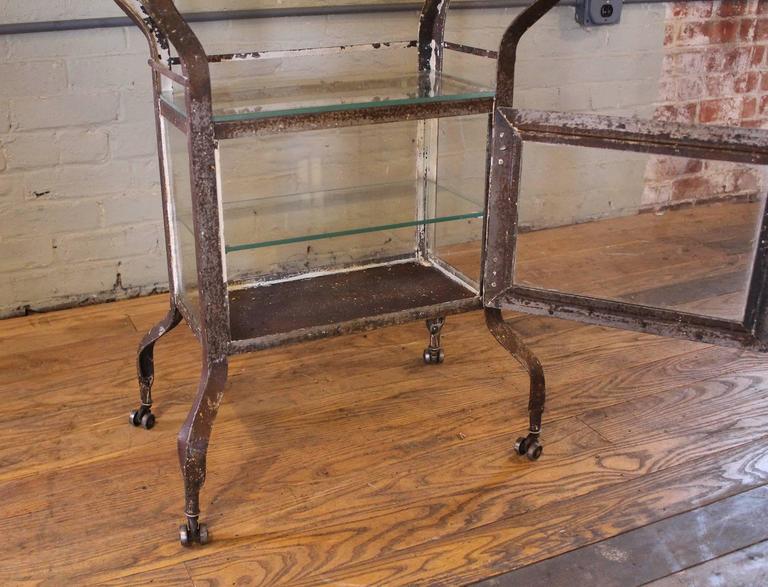 Vintage Industrial Rusted Painted Metal and Glass Medical Stand