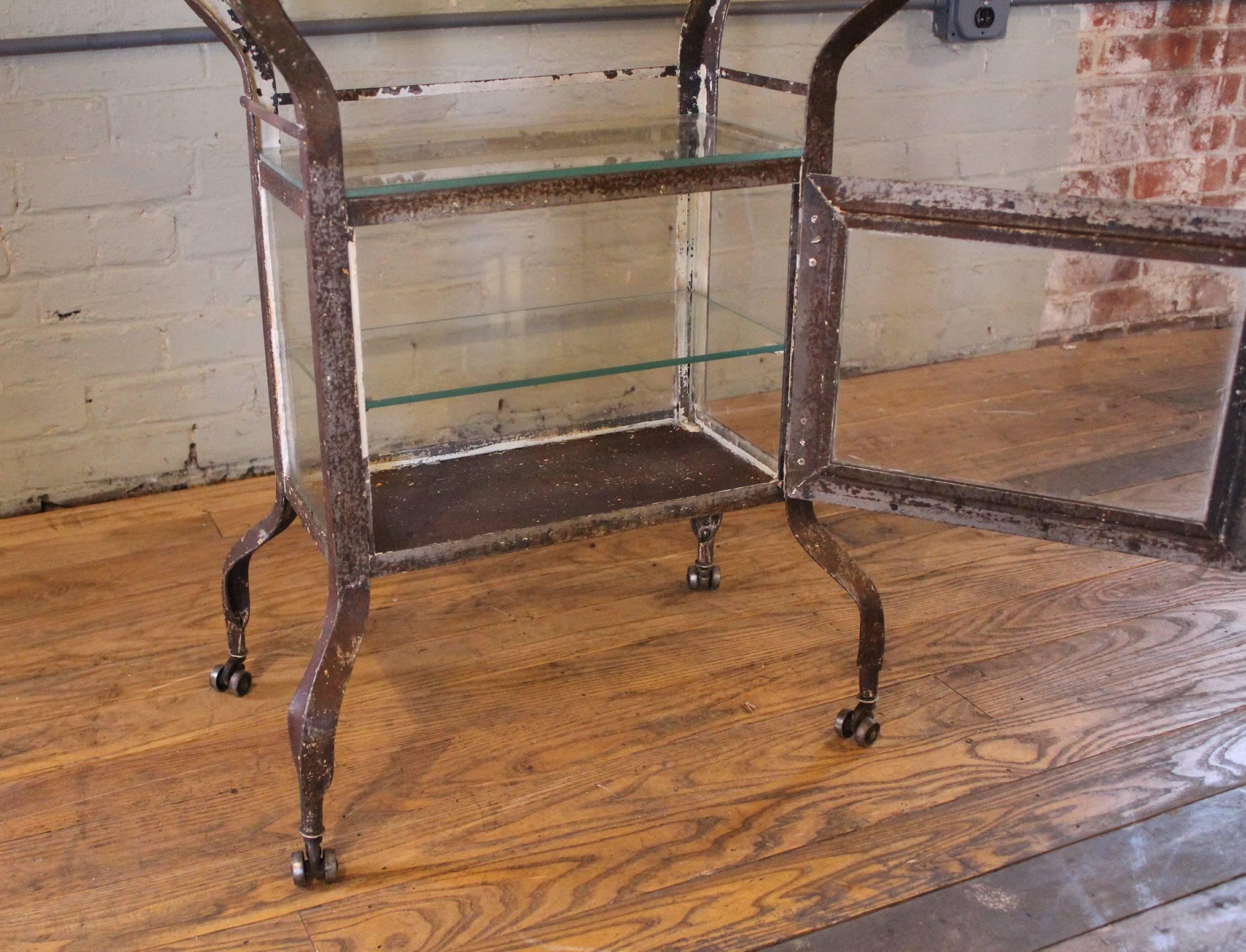 American Vintage Industrial Rusted Painted Metal and Glass Medical Cabinet Stand or Cart