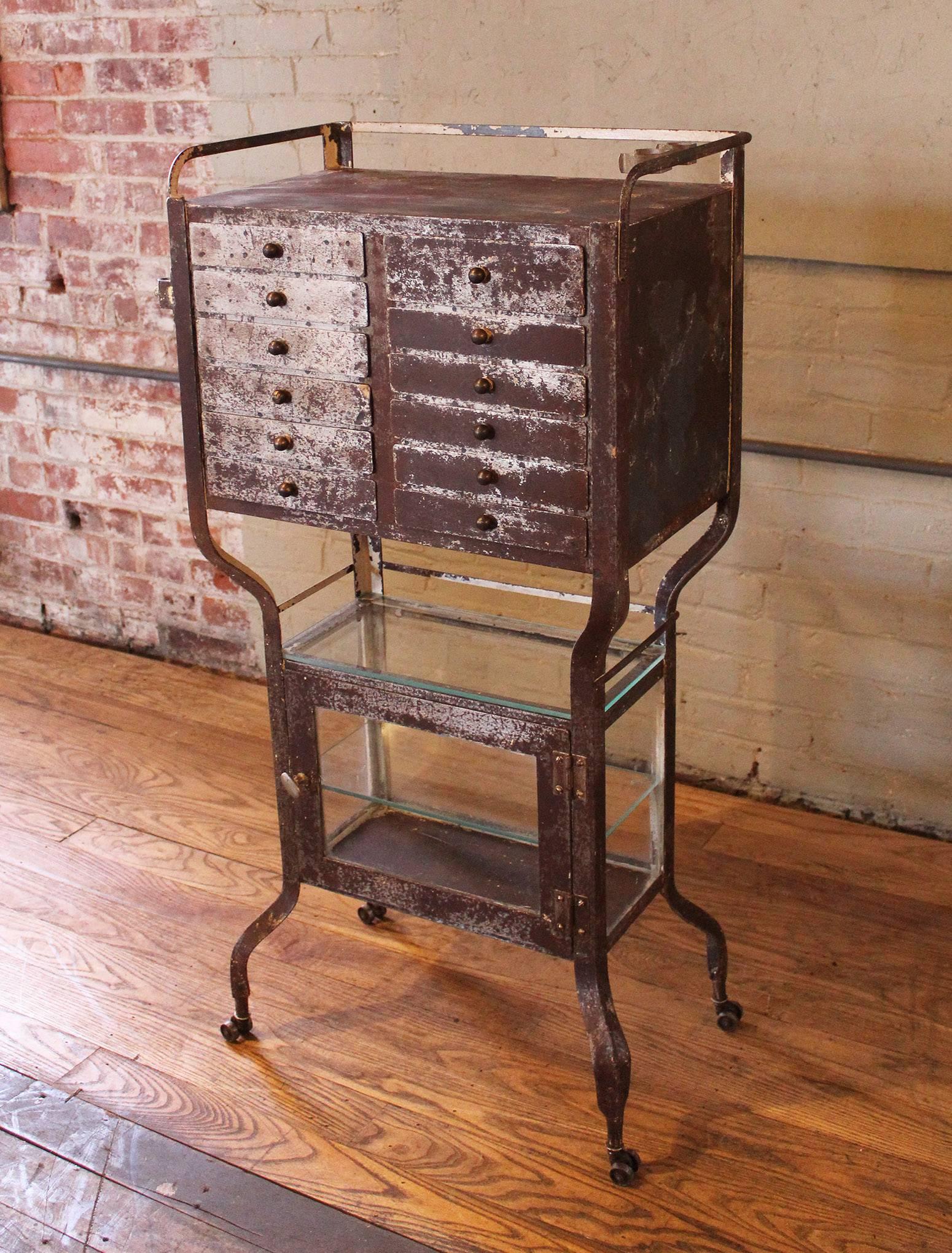 20th Century Vintage Industrial Rusted Painted Metal and Glass Medical Cabinet Stand or Cart