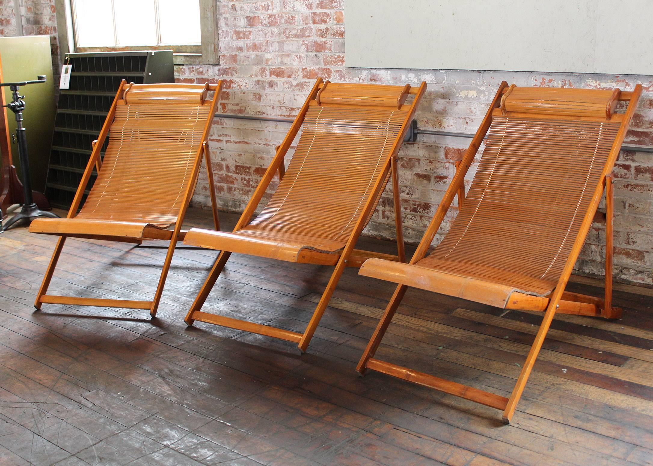 Mid-Century Modern Vintage Bamboo Loungers Wood Japanese Deck Chairs, Outdoor Fold Up Lounge Chairs