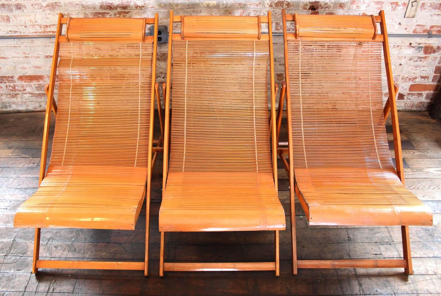 Vintage Bamboo Wood Japanese Deck Chairs, Outdoor Fold Up Lounge Chairs