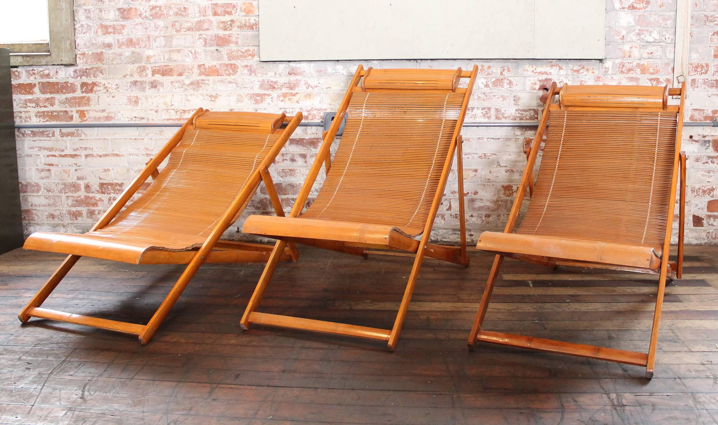 20th Century Vintage Bamboo Loungers Wood Japanese Deck Chairs, Outdoor Fold Up Lounge Chairs