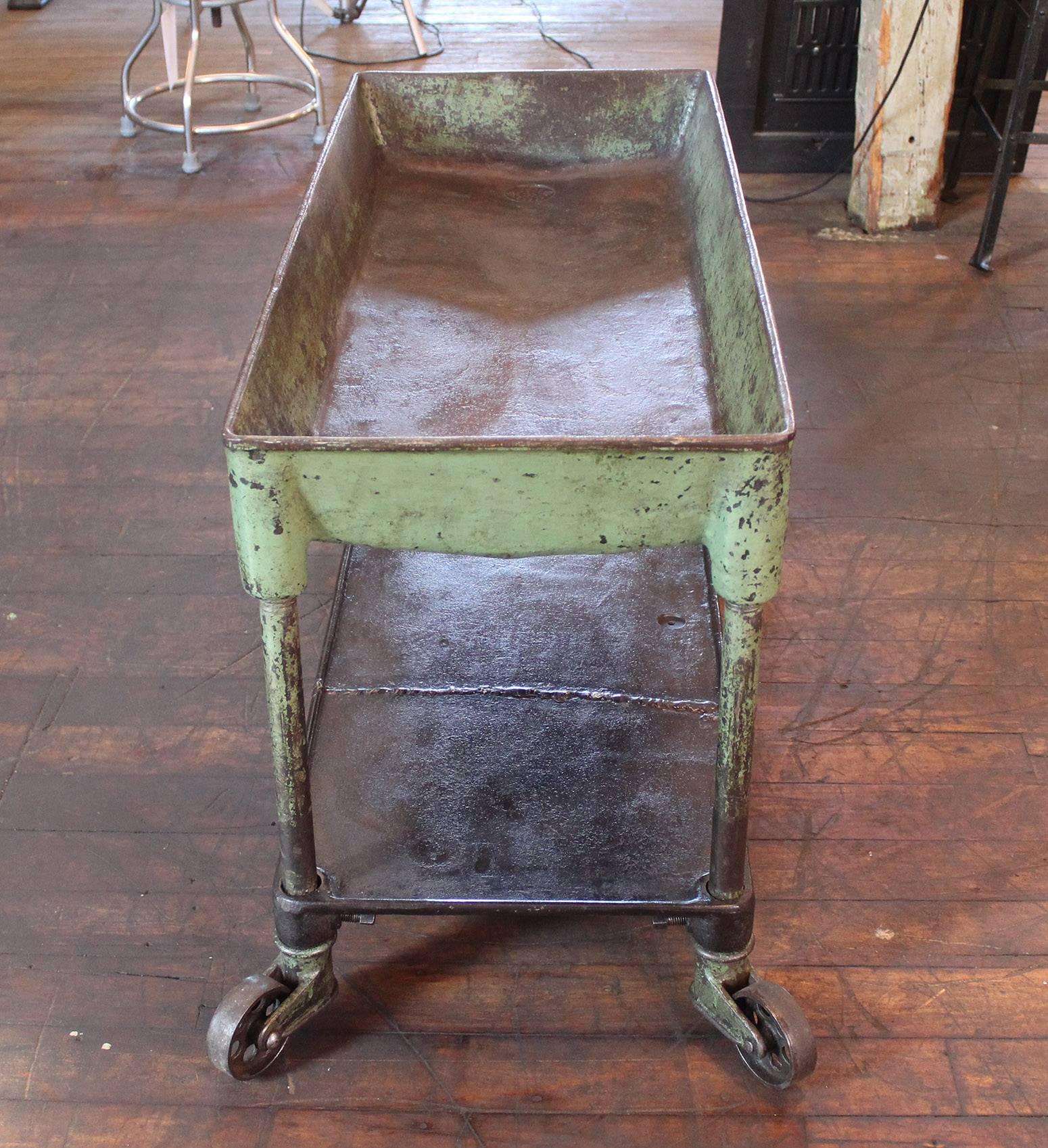 20th Century Vintage Industrial Metal Cast Iron Machine Rolling Bar Cart, Table, Sink 