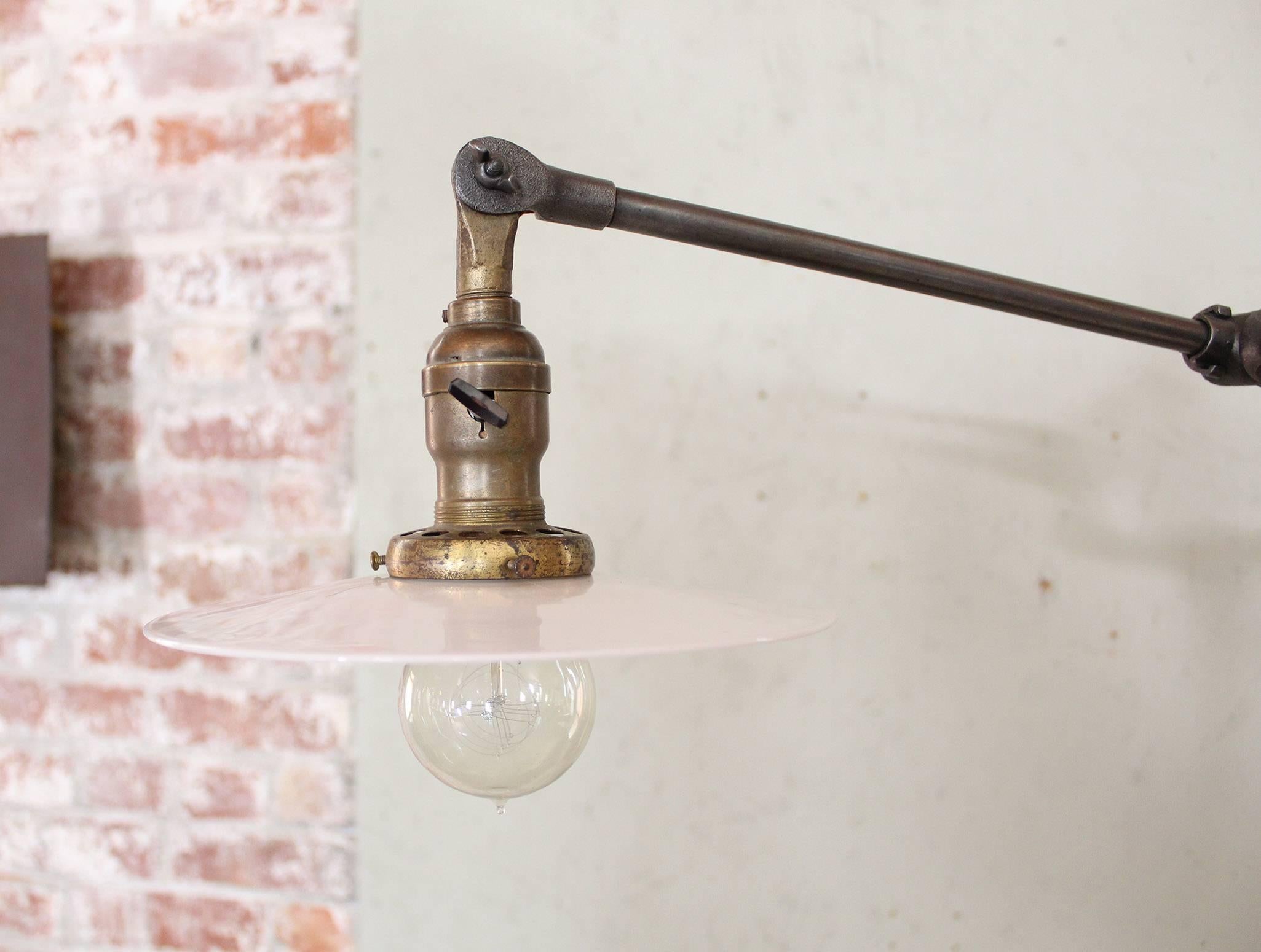 20th Century Double-Arm Milk-Glass Reading Lamp Adjustable Cast-Iron Vintage Factory Lighting