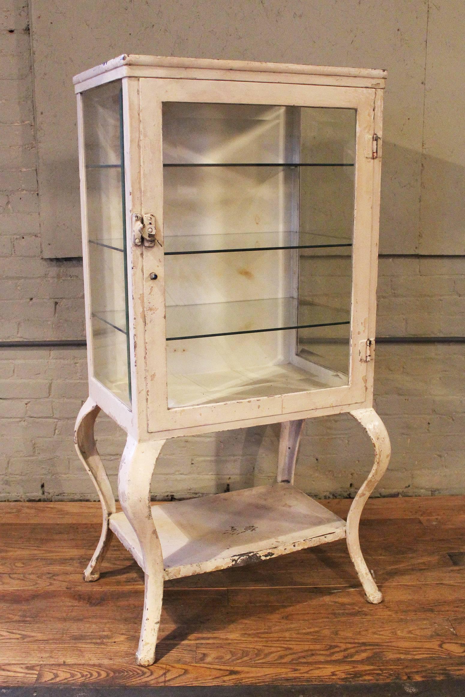20th Century Medical Cabinet Antique Metal and Glass Apothecary, Vintage Industrial Storage