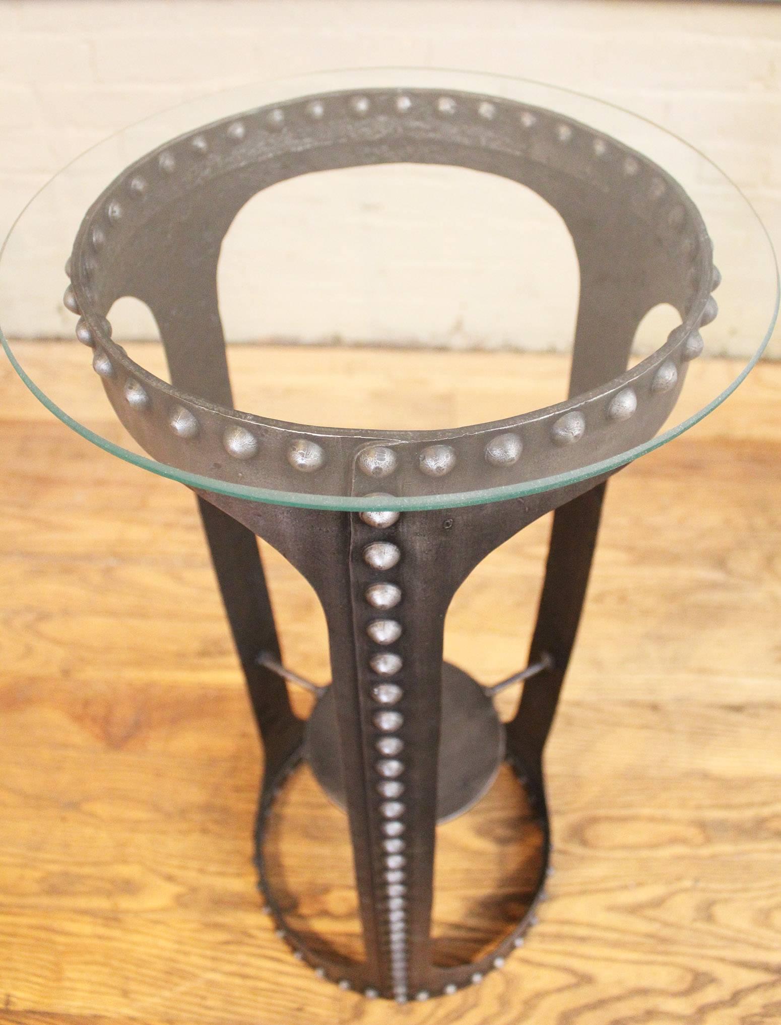 Side End Table, Vintage Industrial Brutalist Riveted Steel, Metal and Glass  1