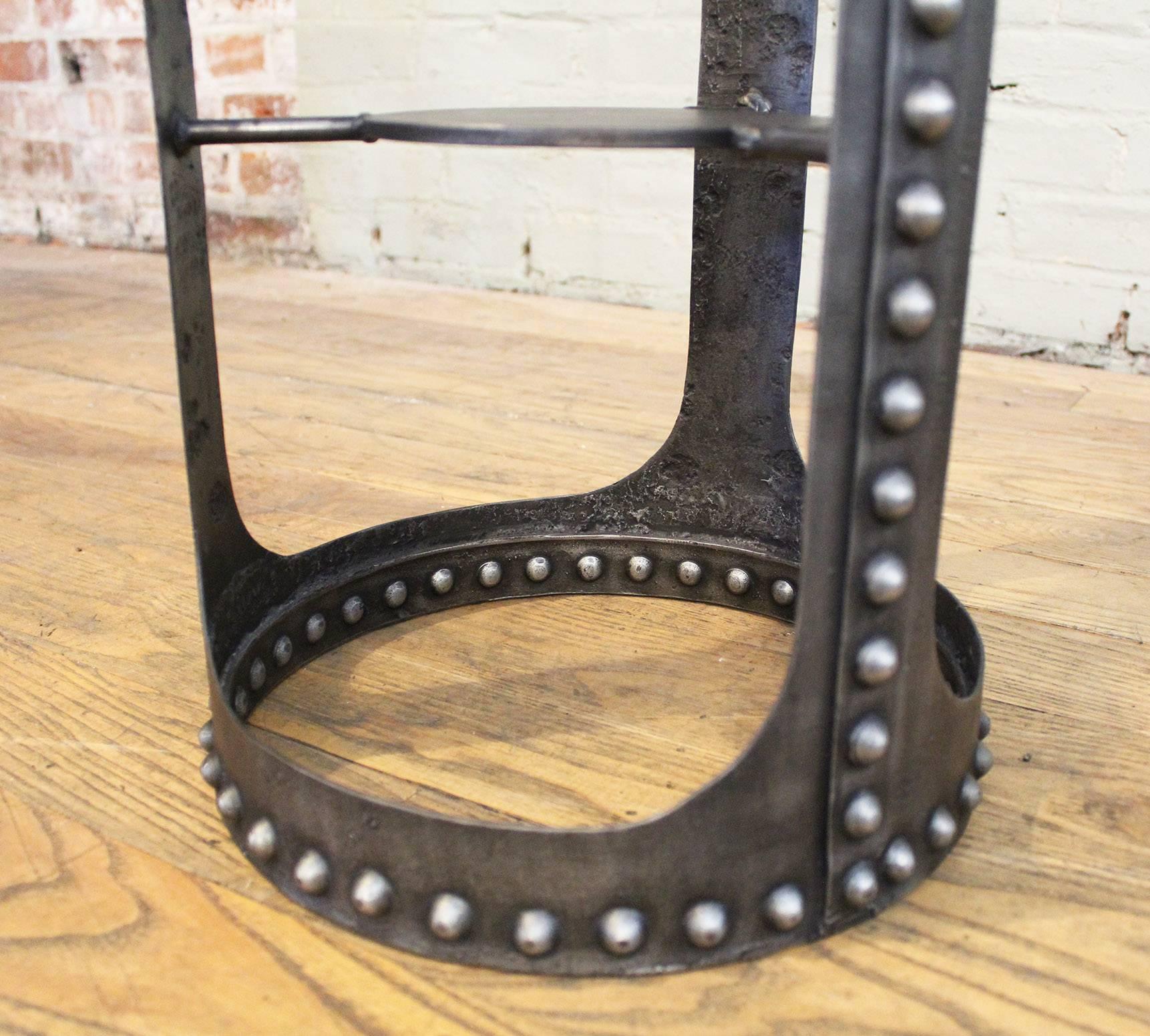 Contemporary Side End Table, Vintage Industrial Brutalist Riveted Steel, Metal and Glass 