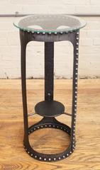 Side End Table, Vintage Industrial Brutalist Riveted Steel, Metal and Glass