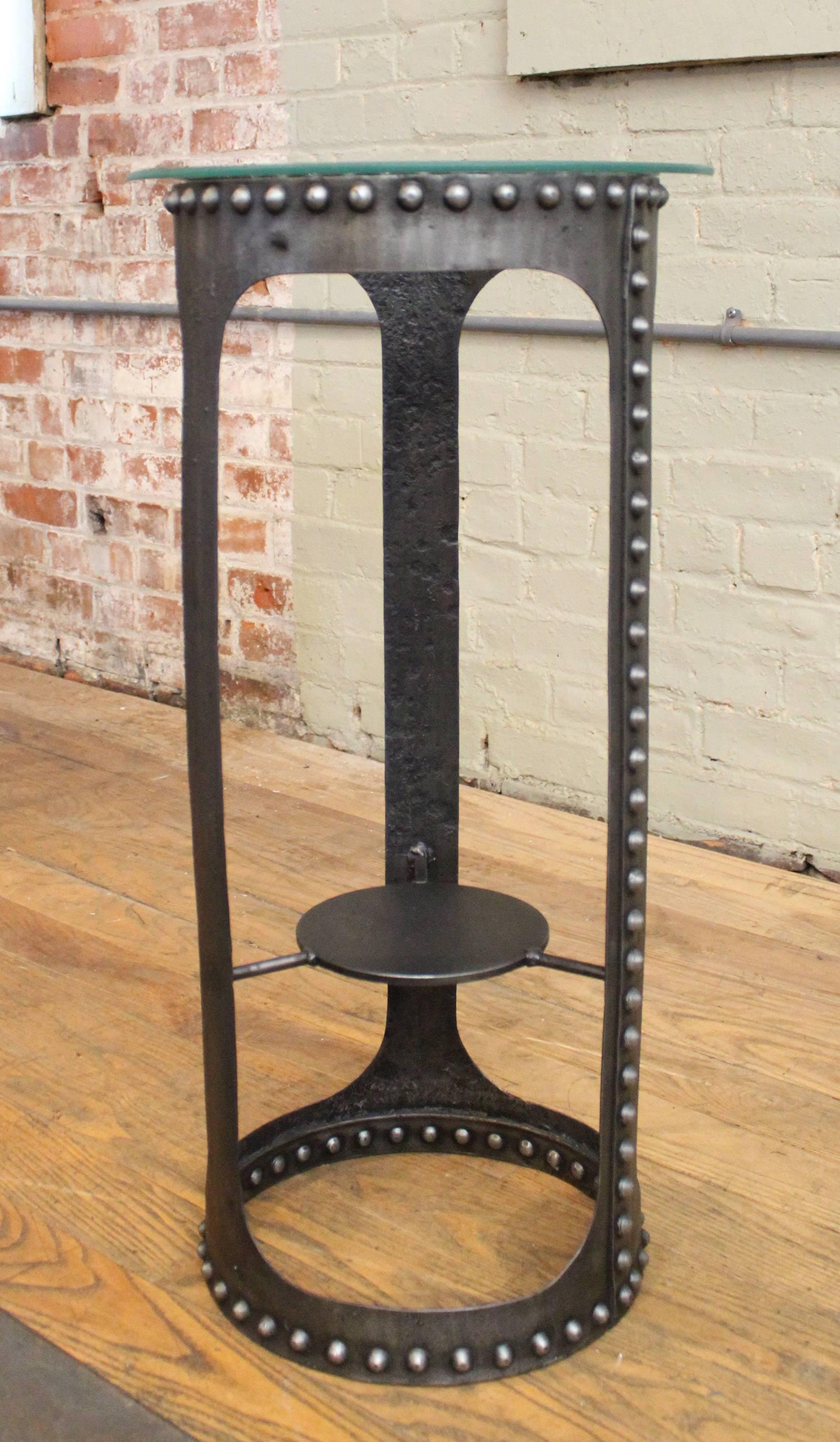 Side End Table, Vintage Industrial Brutalist Riveted Steel, Metal and Glass  5