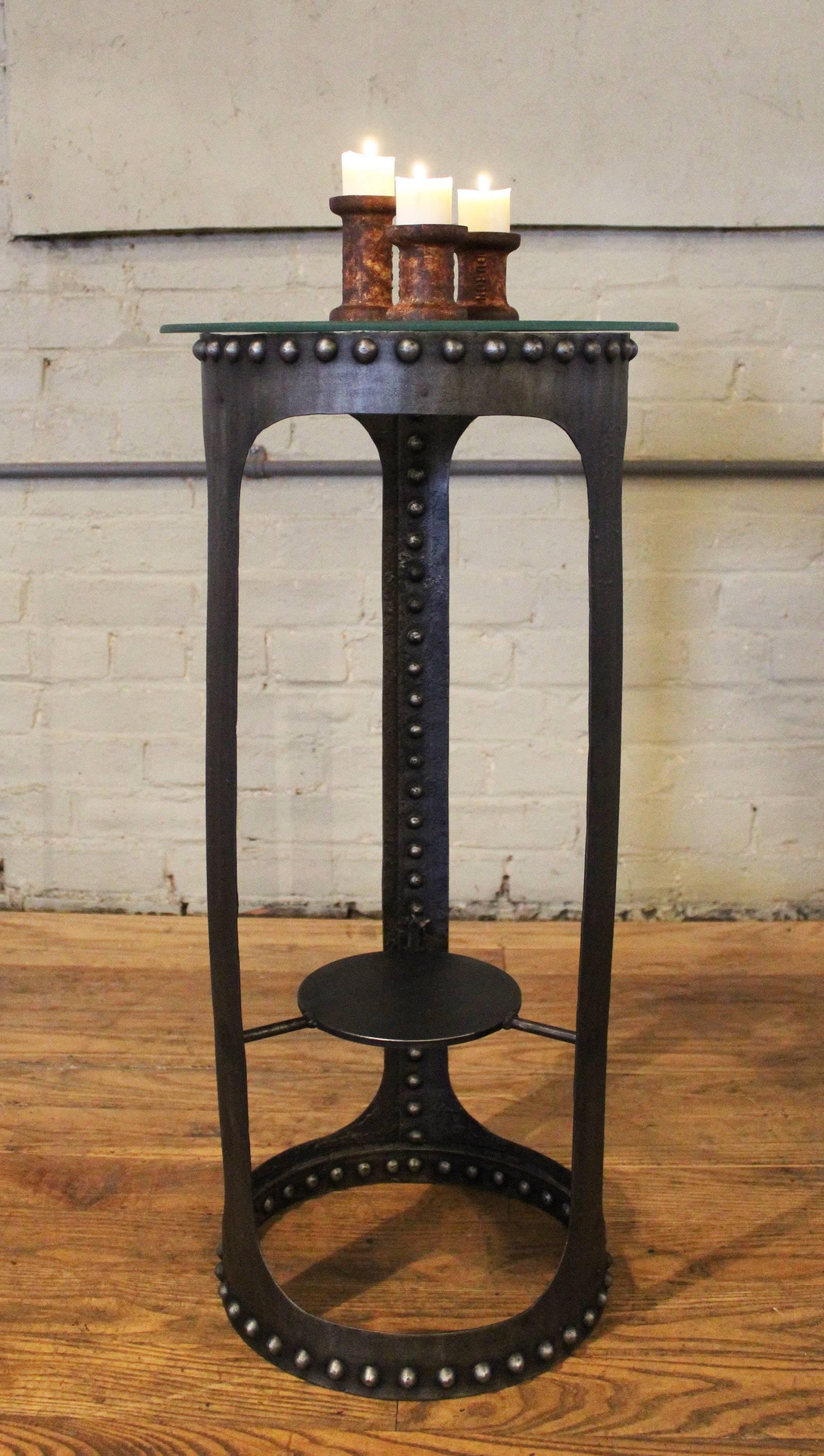 Side End Table, Vintage Industrial Brutalist Riveted Steel, Metal and Glass  In Distressed Condition In Oakville, CT