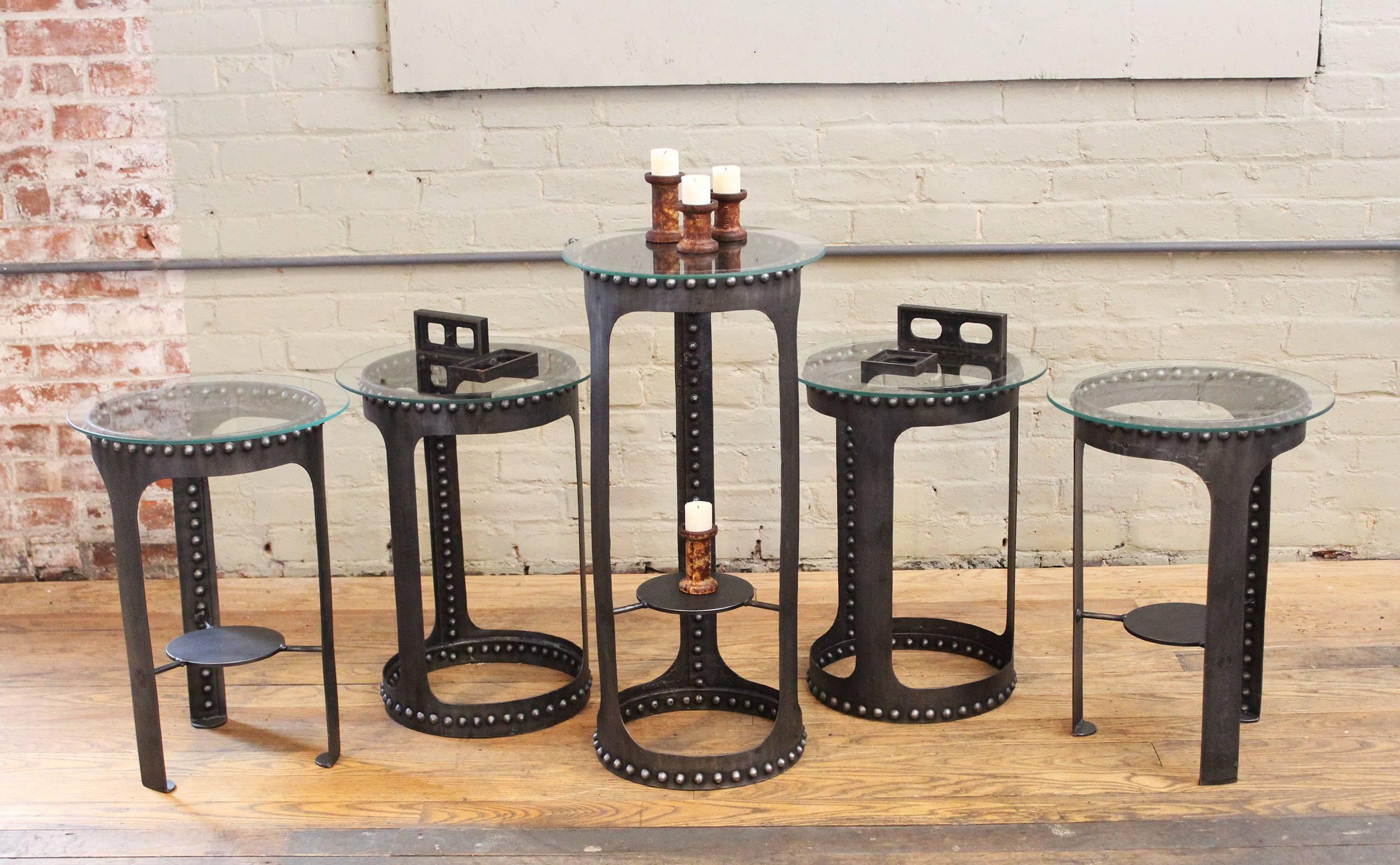 American Side End Table, Vintage Industrial Brutalist Riveted Steel, Metal and Glass 