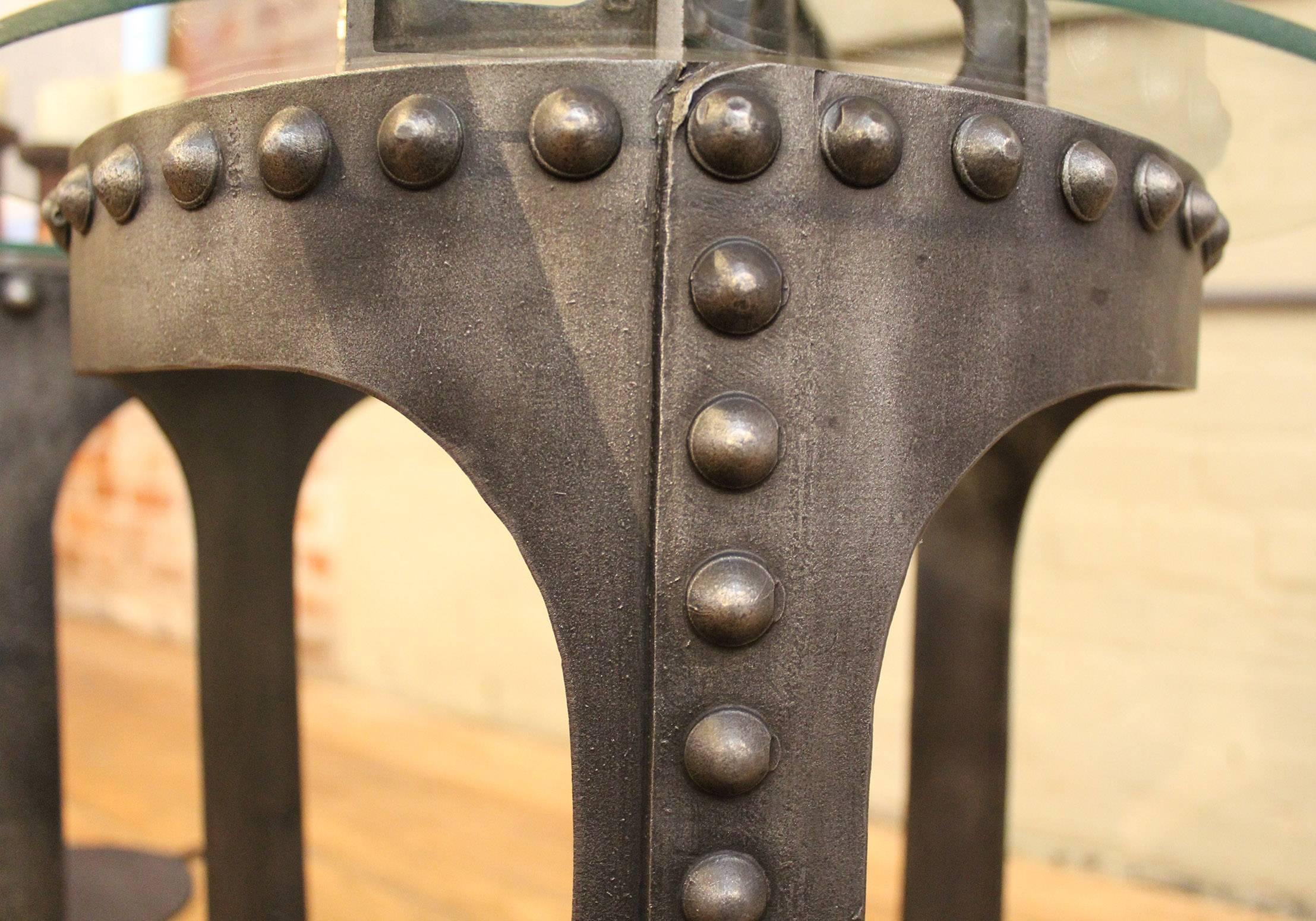 End or Side Tables, Vintage Industrial Brutalist Riveted Steel, Metal and Glass  In Distressed Condition In Oakville, CT