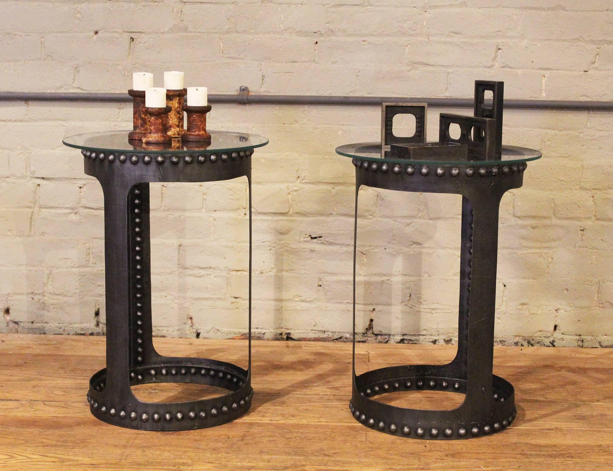 American End or Side Tables, Vintage Industrial Brutalist Riveted Steel, Metal and Glass 