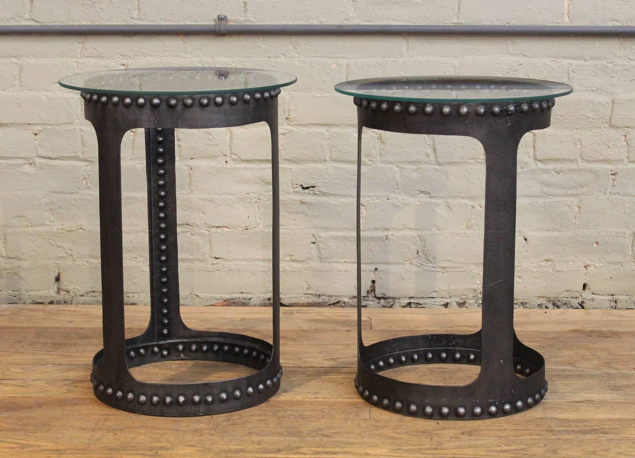 End or Side Tables, Vintage Industrial Brutalist Riveted Steel, Metal and Glass  1