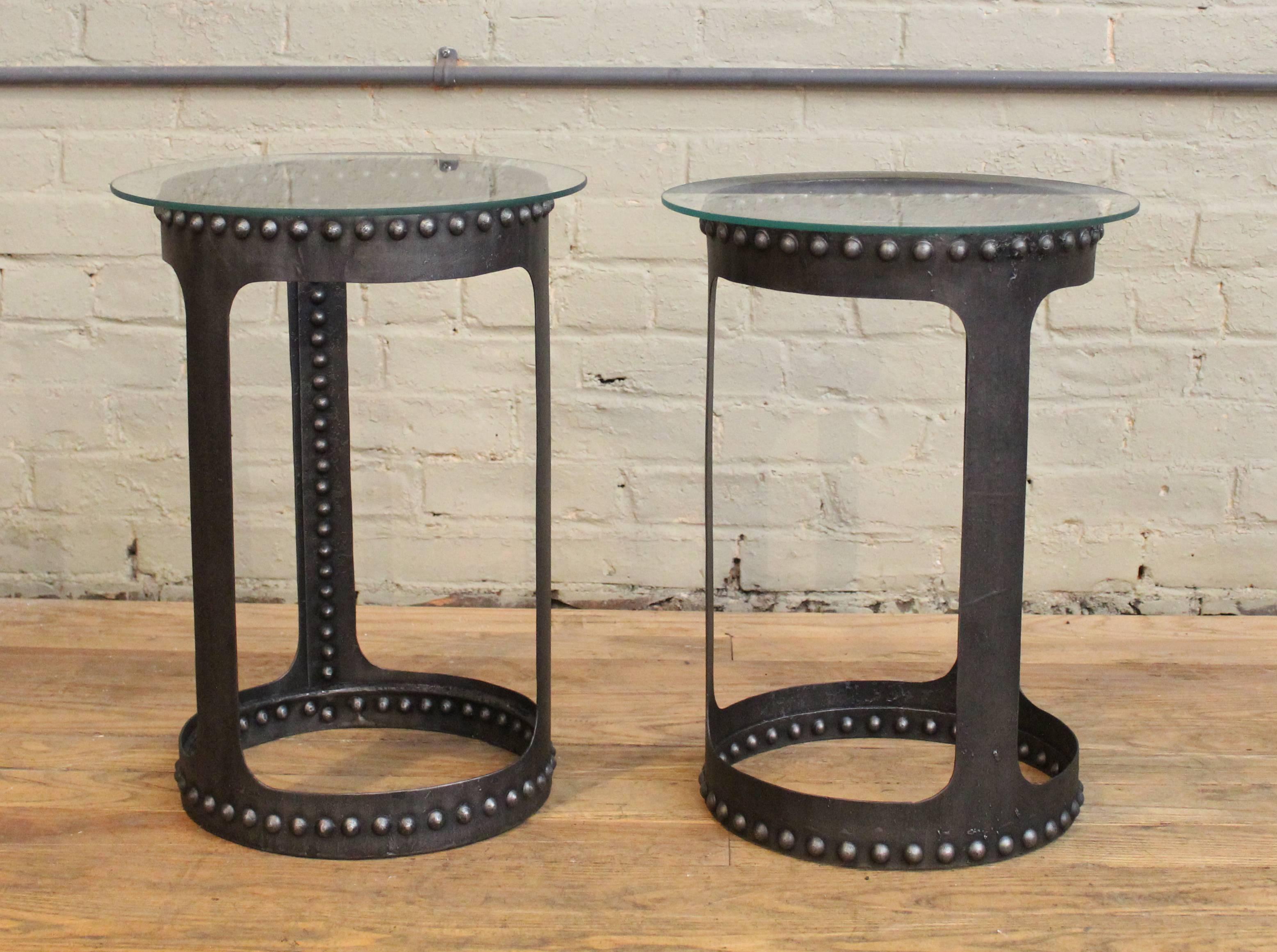 End or Side Tables, Vintage Industrial Brutalist Riveted Steel, Metal and Glass  4