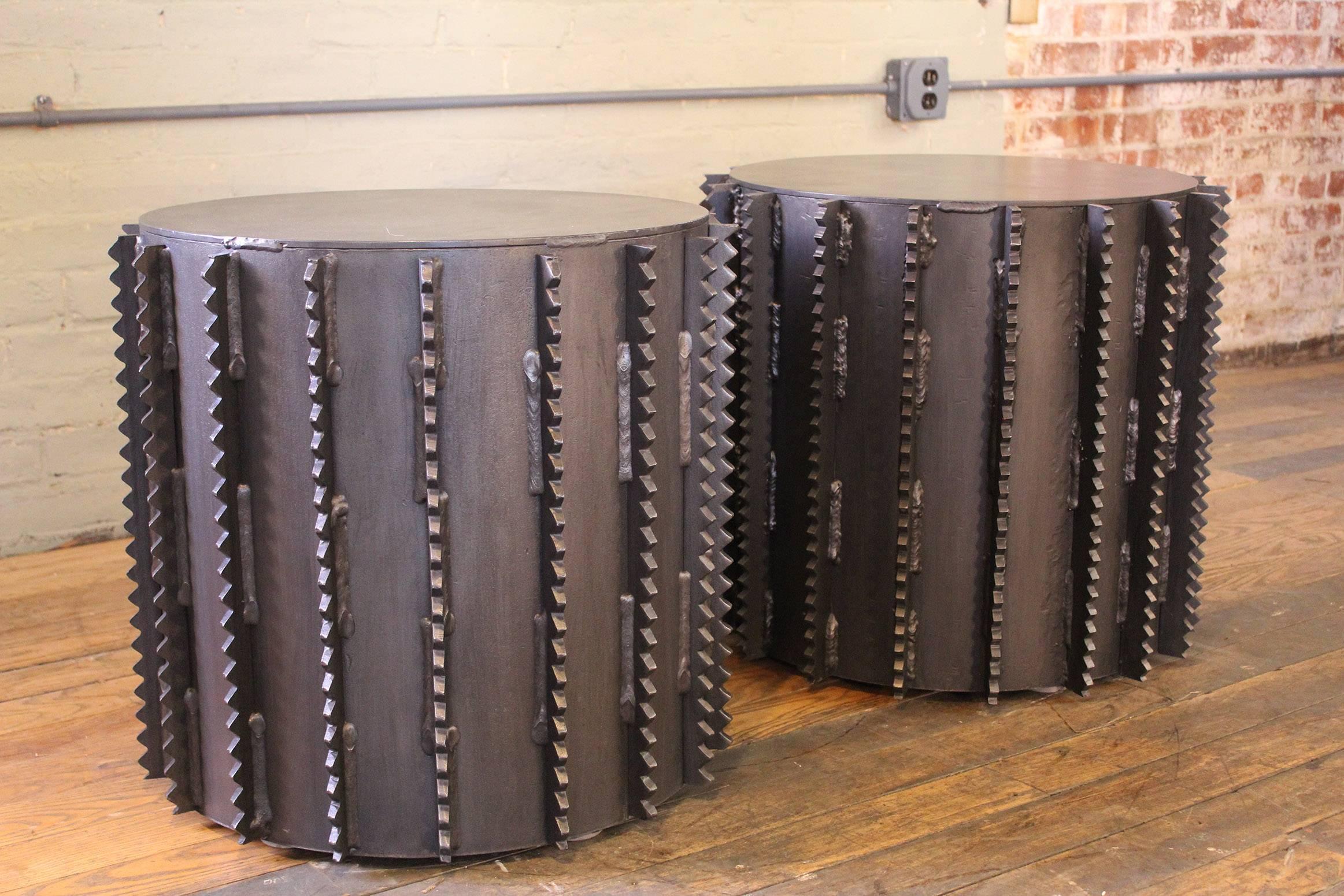 Metal Pair of Steel Side Tables Industrial Brutalist Style For Sale