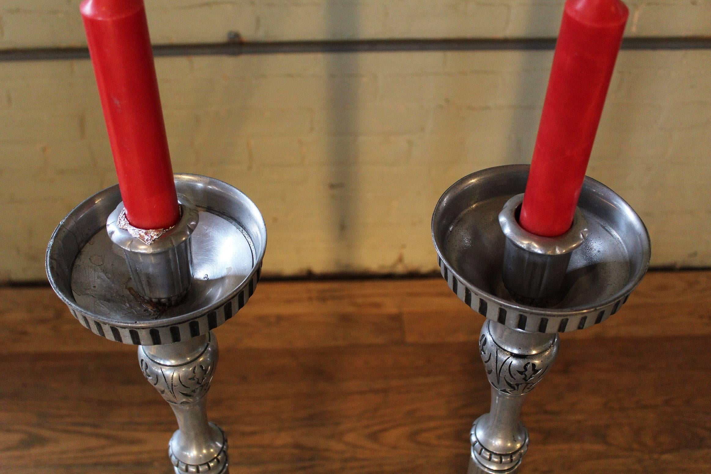 20th Century Pair of Candle Stands Holland Brass Works Pewter Finish Floor Pillar Holder 