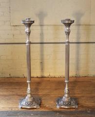 Pair of Candle Stands Holland Brass Works Pewter Finish Floor Pillar Holder