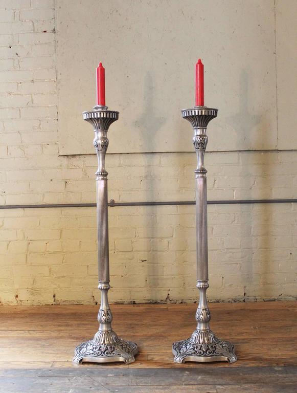 Pair of Candle Stands Holland Brass Works Pewter Finish Floor Pillar