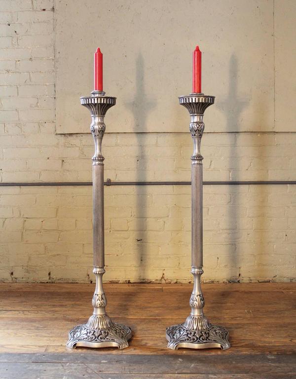 Pair of Candle Stands Holland Brass Works Pewter Finish Floor Pillar