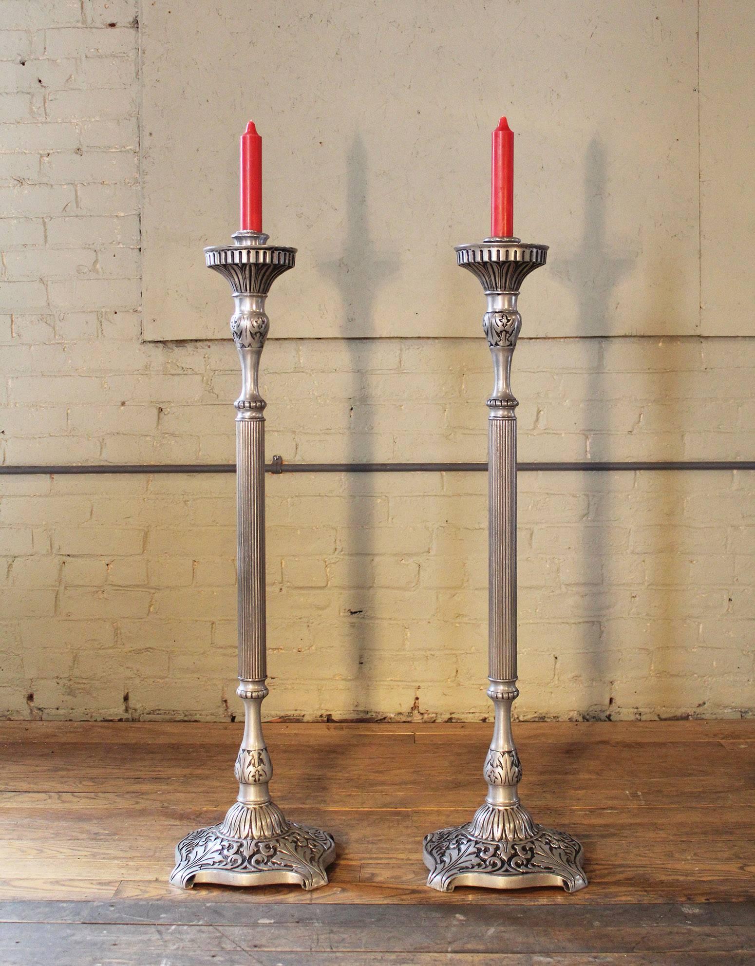 American Pair of Candle Stands Holland Brass Works Pewter Finish Floor Pillar Holder 