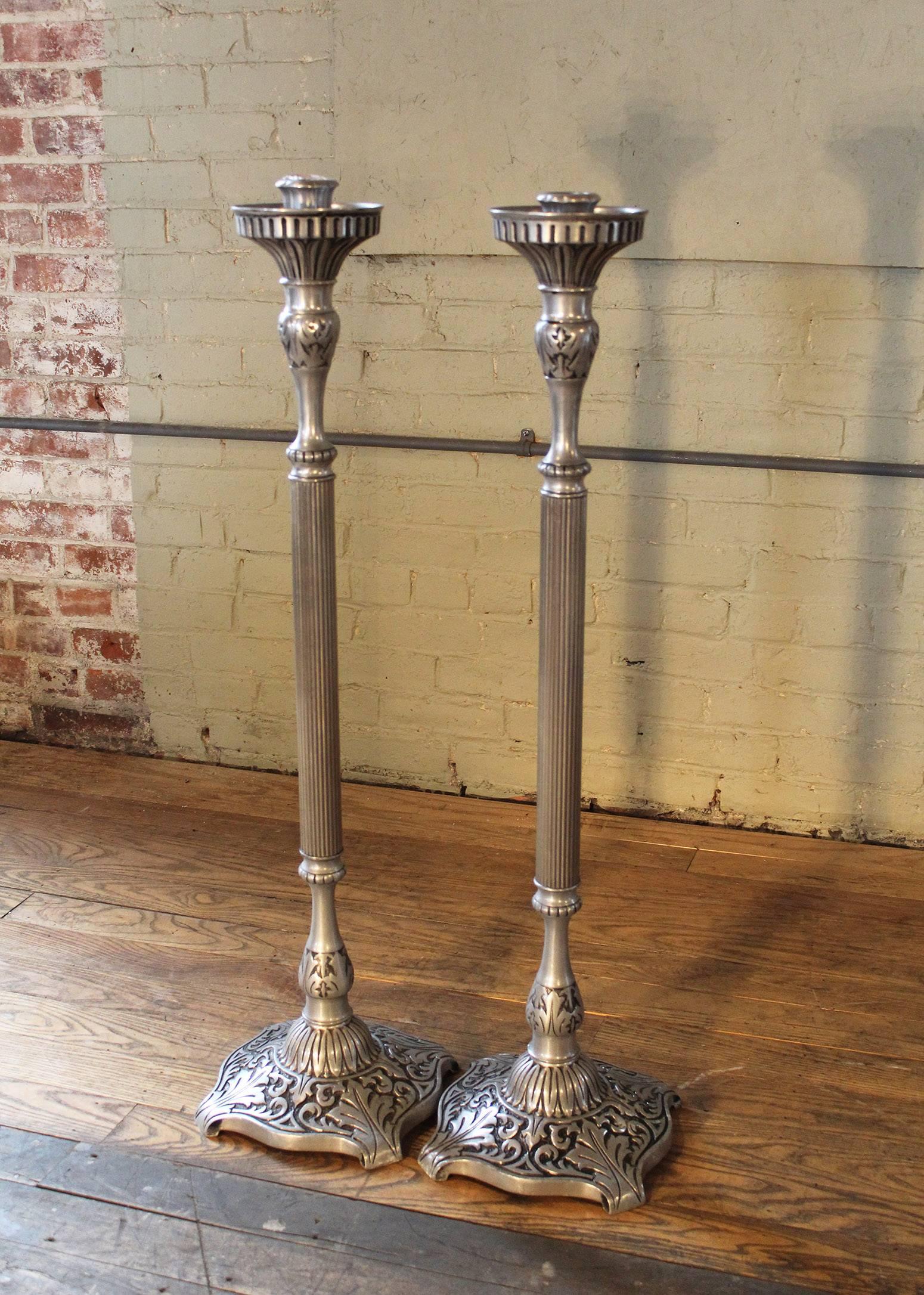 Pair of Candle Stands Holland Brass Works Pewter Finish Floor Pillar Holder  In Good Condition In Oakville, CT