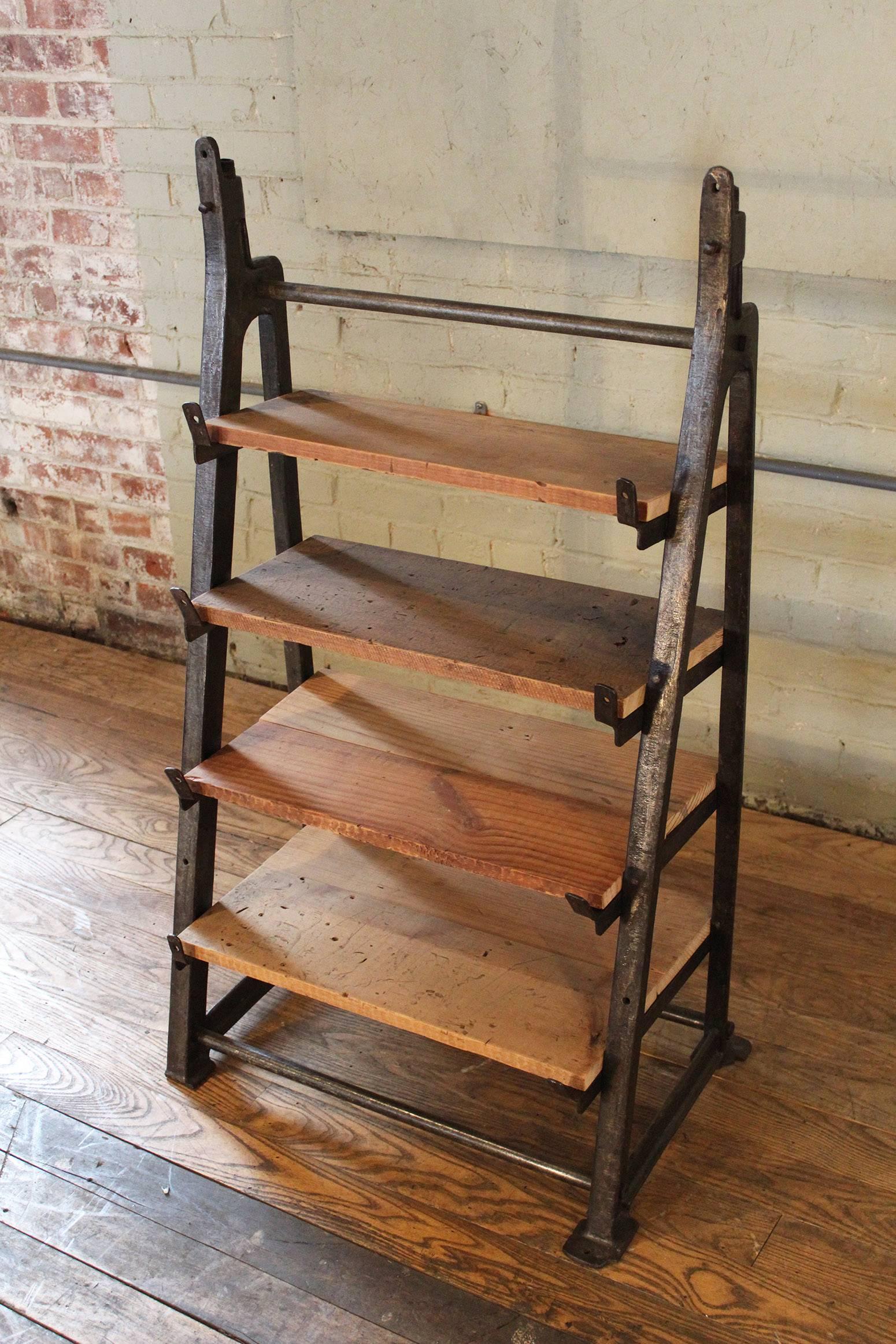 Custom Factory Vintage Industrial Cast Iron & Wood Shelving Storage Unit with Four Shelves, each one a different depth. 