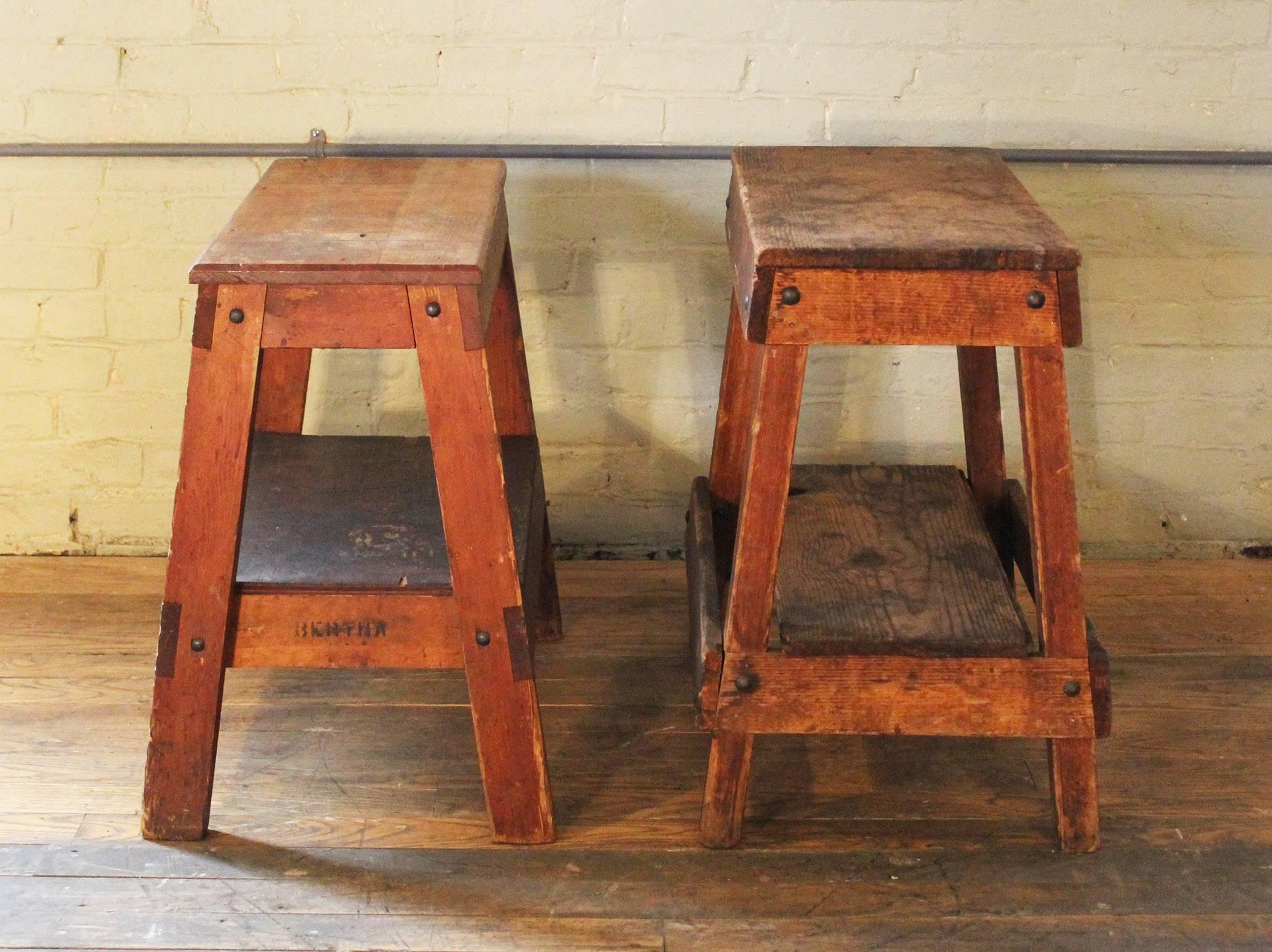 American Pair of Vintage Industrial Wooden Factory Work Benches, Side End Tables Horses