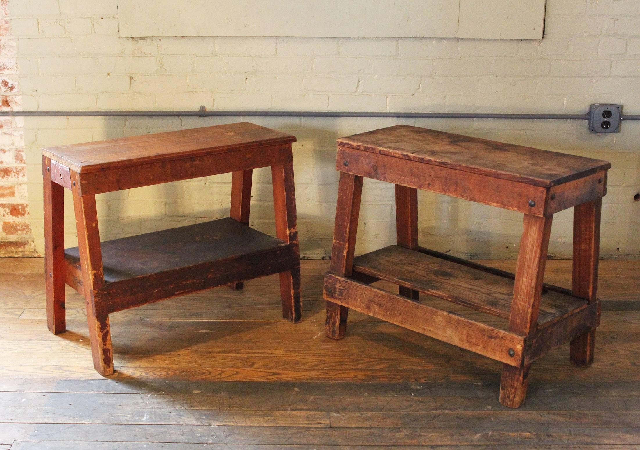 Pair of rustic wood factory shop work benches, side, end tables, saw horse style. Great distressed look, bench on the left. Measures: 16 7/8