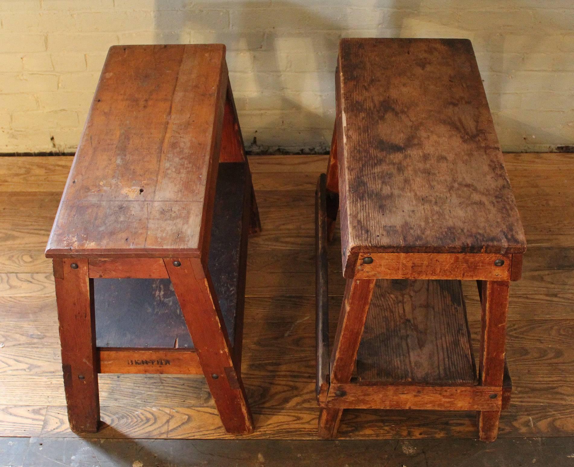 Pair of Vintage Industrial Wooden Factory Work Benches, Side End Tables Horses In Distressed Condition In Oakville, CT