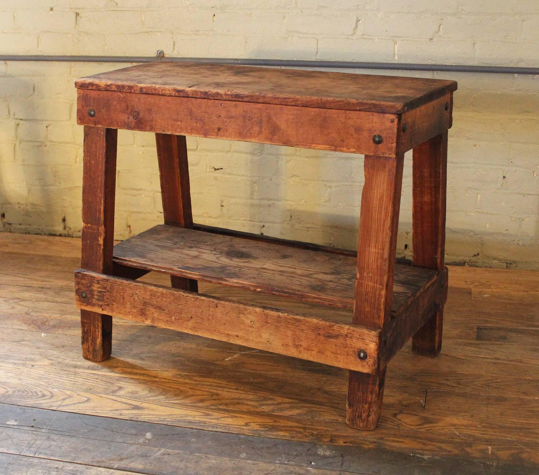 Pair of Vintage Industrial Wooden Factory Work Benches, Side End Tables Horses 1
