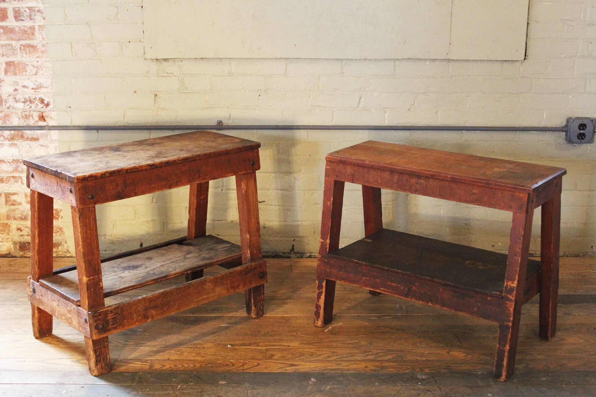 20th Century Pair of Vintage Industrial Wooden Factory Work Benches, Side End Tables Horses