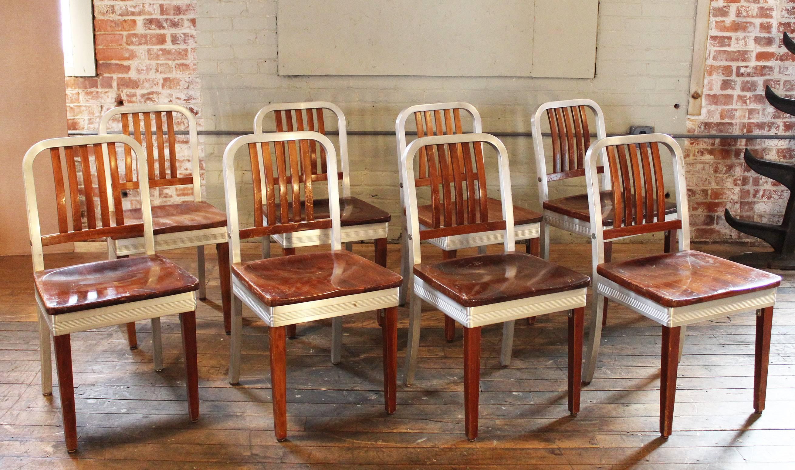 Mid-Century Modern Set of Eight Vintage Wood and Metal, Aluminium Side Shaw Walker Dining Chairs