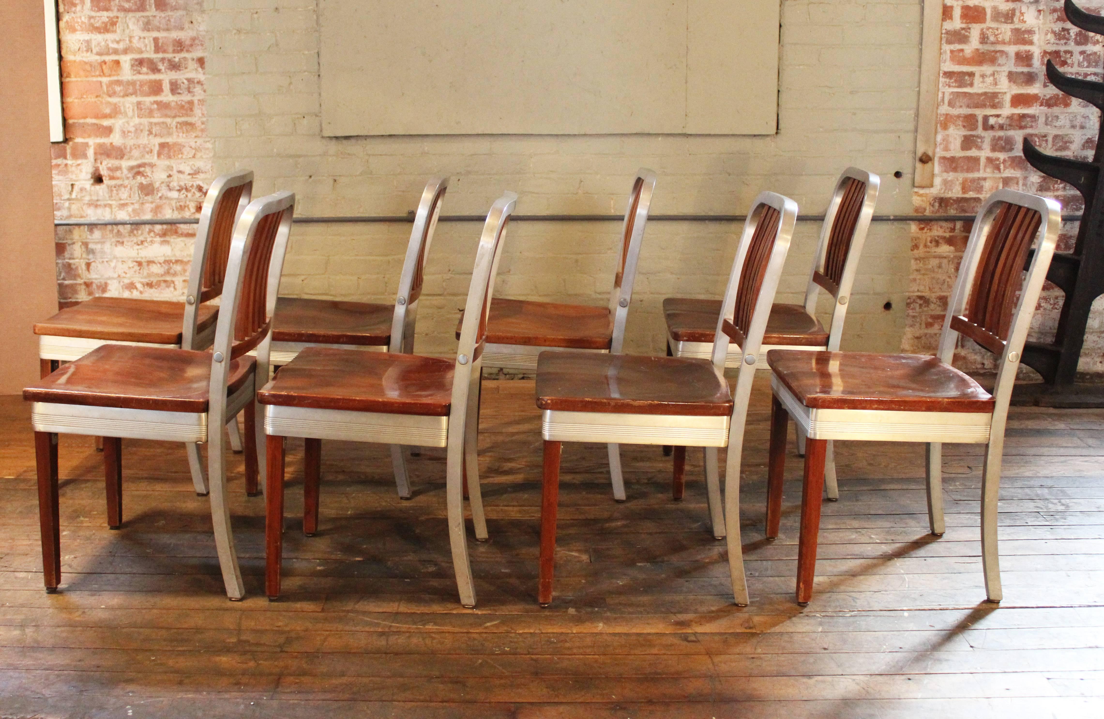 Set of Eight Vintage Wood and Metal, Aluminium Side Shaw Walker Dining Chairs 1