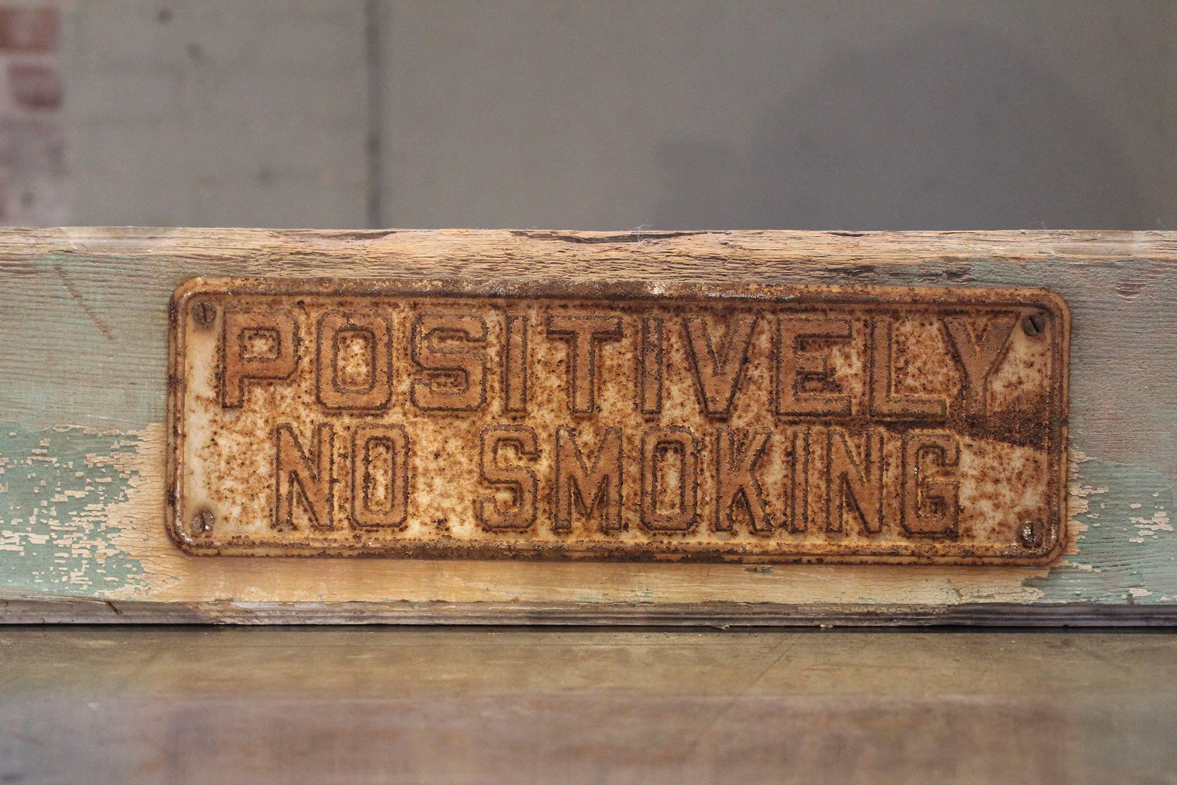 American POSITIVELY NO SMOKING Vintage Metal Sign on Painted Wood Block