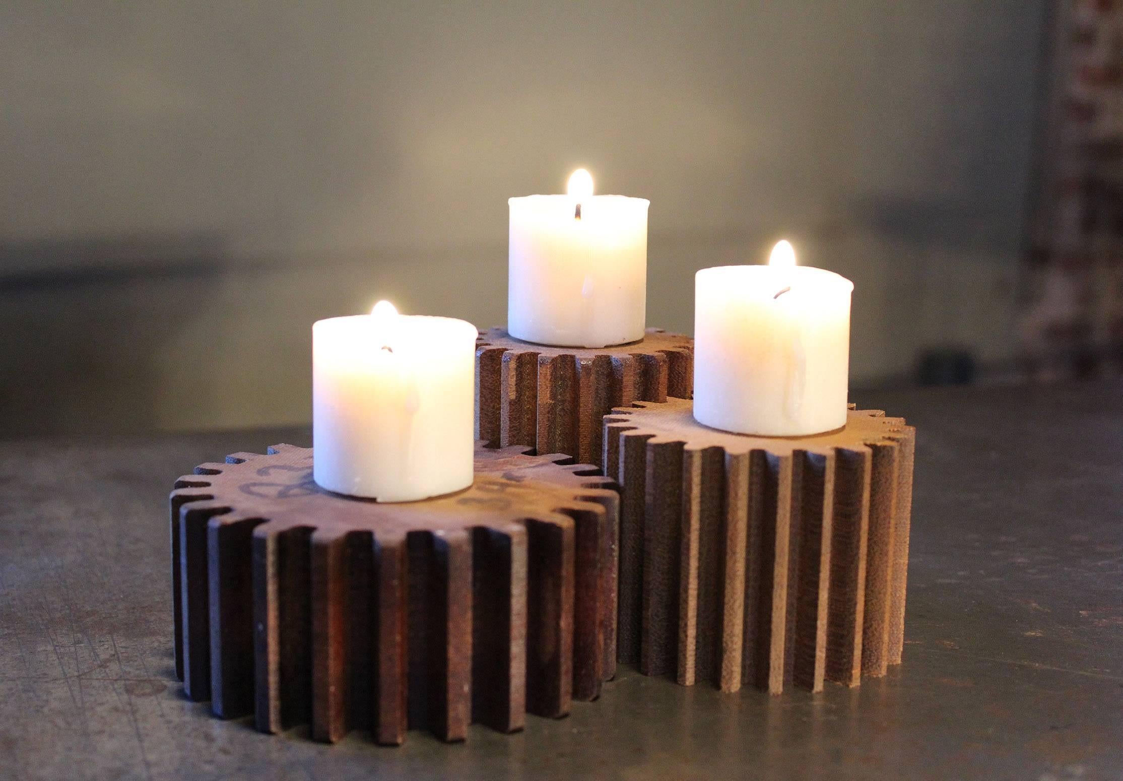 Vintage Industrial Machine Age Wooden Gear Molds Candle Stands Holders In Distressed Condition In Oakville, CT