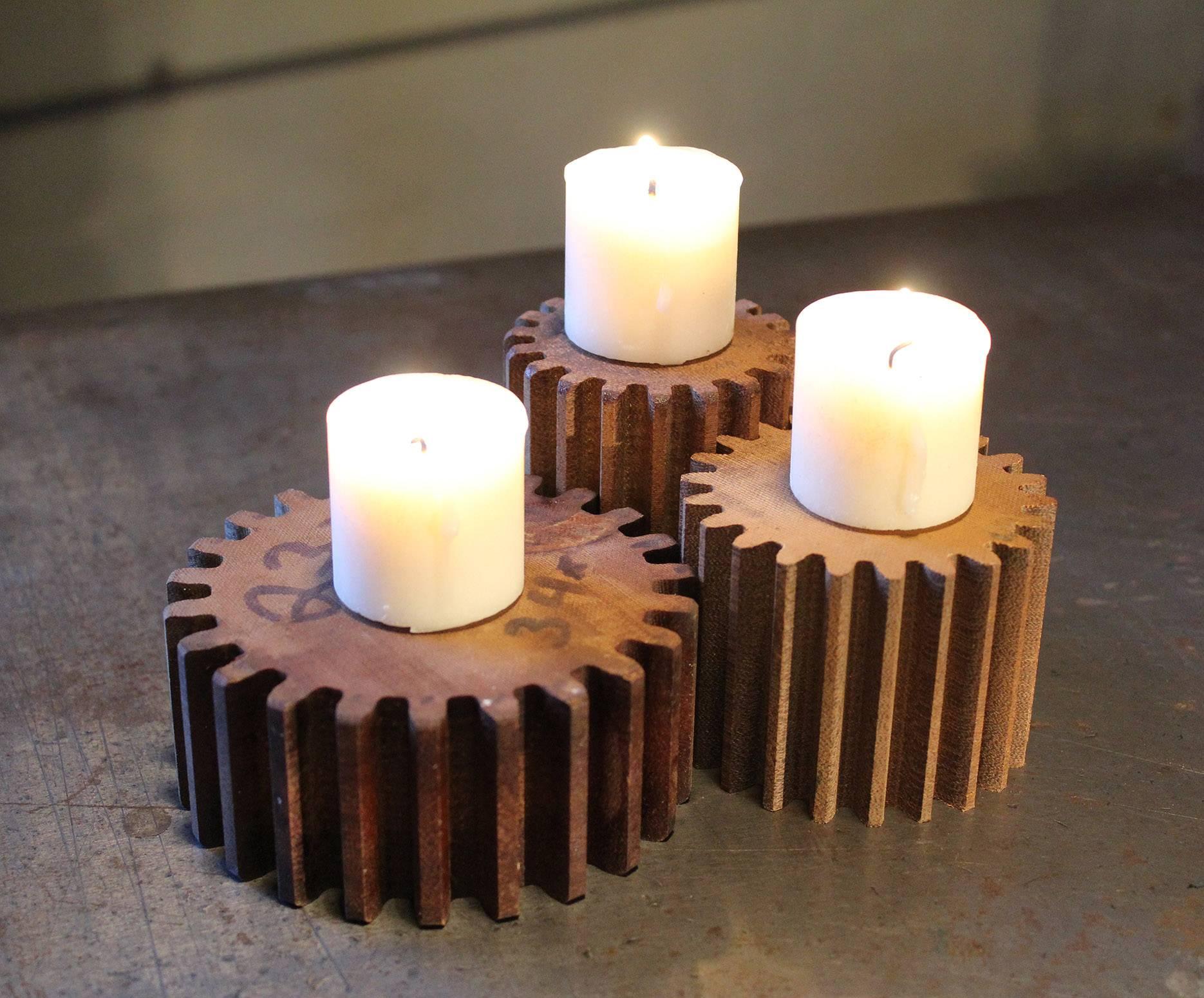 20th Century Vintage Industrial Machine Age Wooden Gear Molds Candle Stands Holders