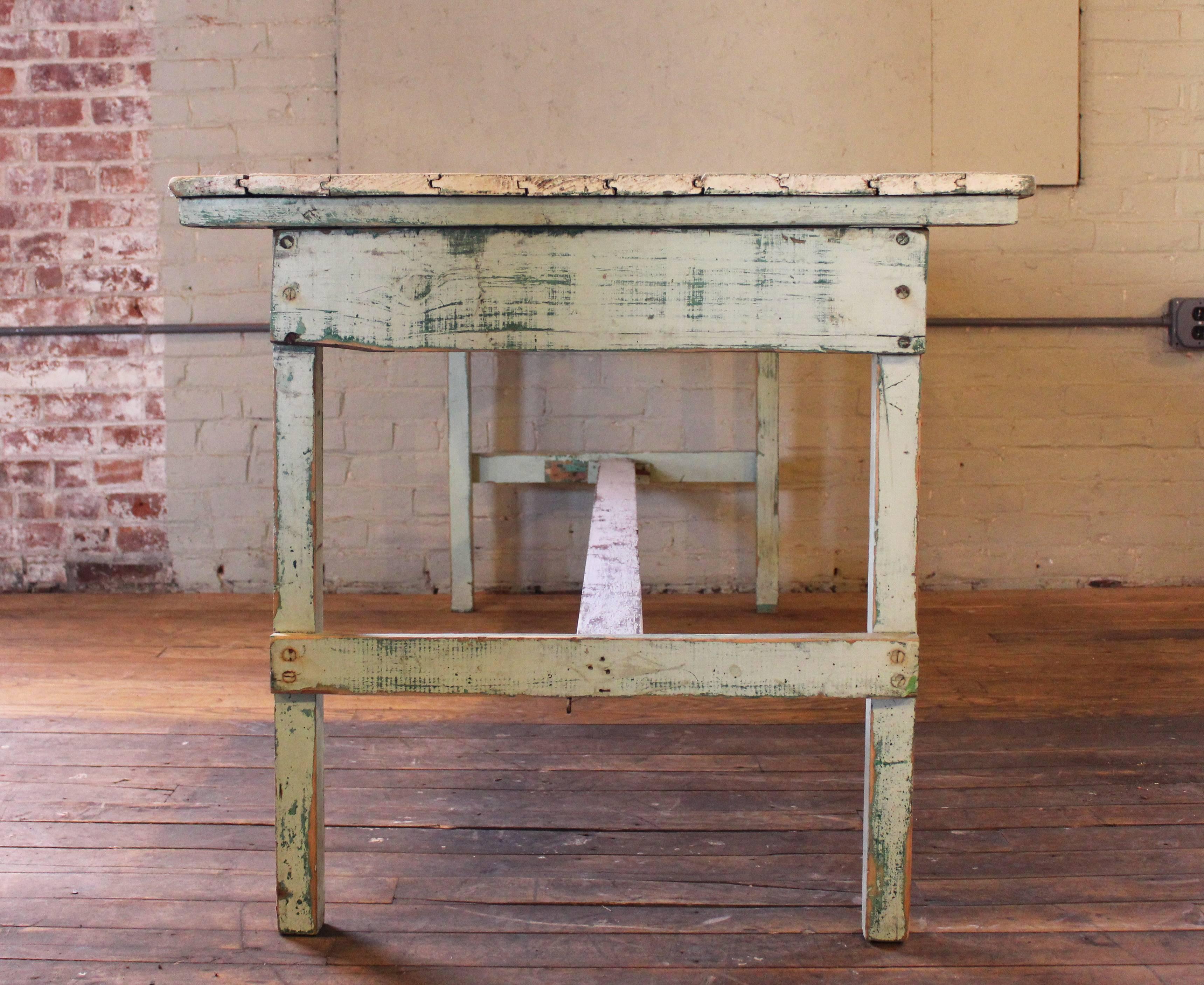 Vintage Rustic Farm Distressed Folding Dining Work Table Painted Wood Industrial In Distressed Condition In Oakville, CT