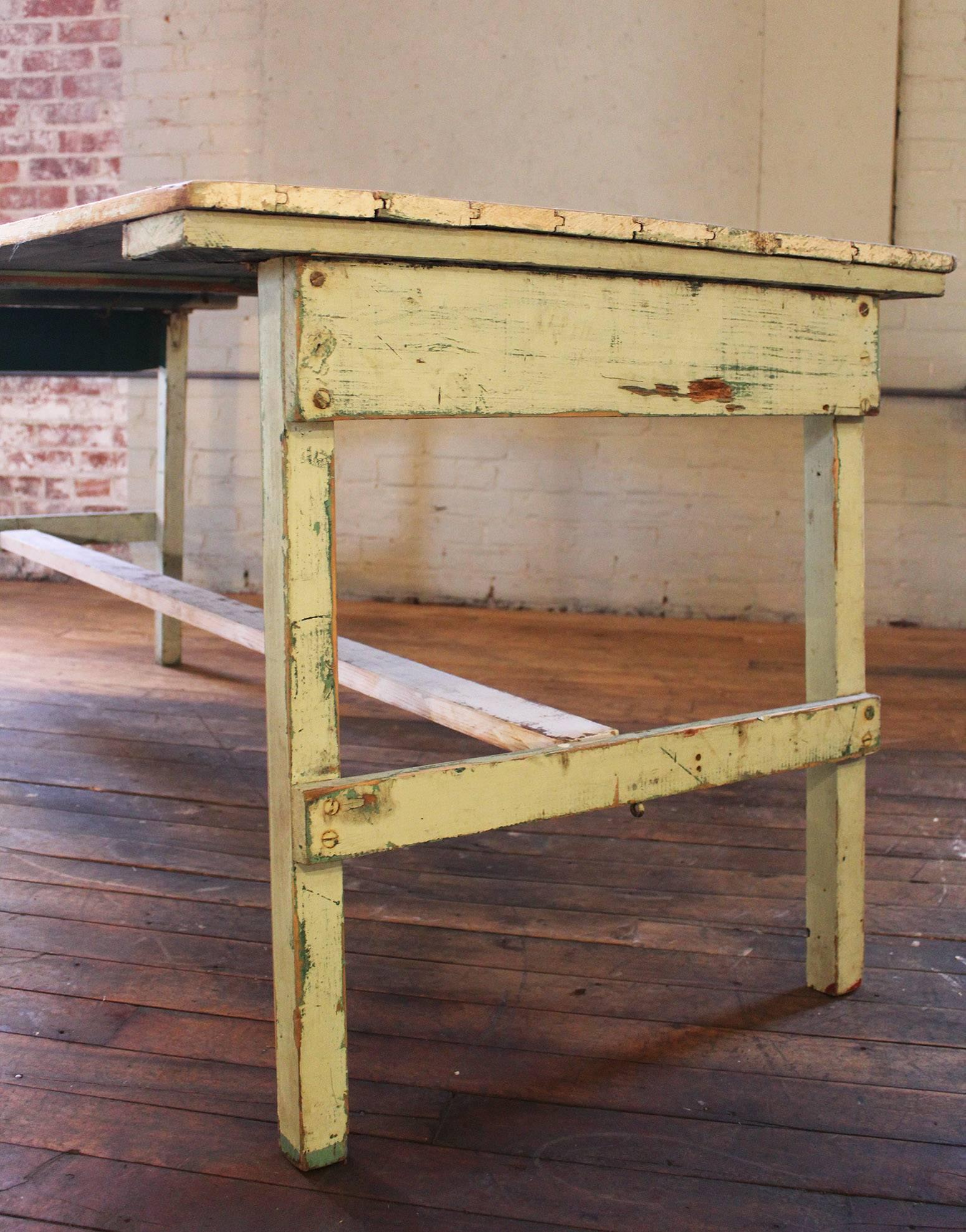 20th Century Vintage Rustic Farm Distressed Folding Dining Work Table Painted Wood Industrial
