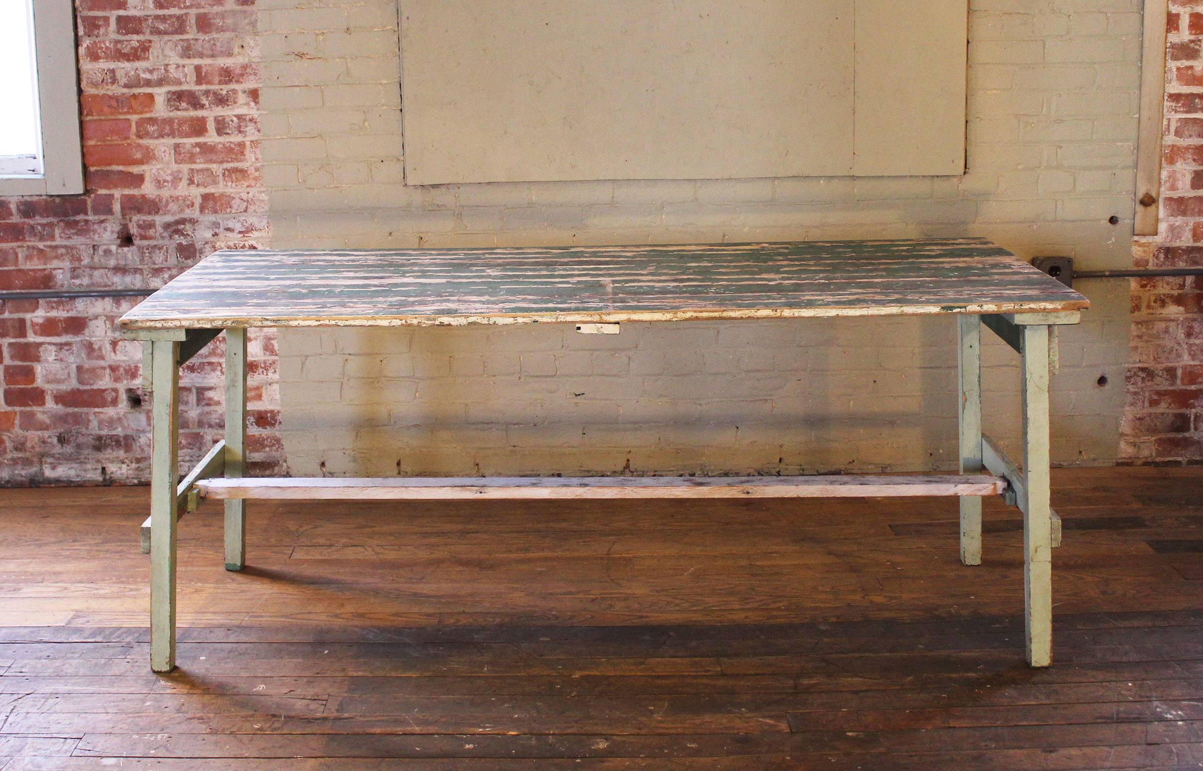 Vintage Rustic Farm Distressed Folding Dining Work Table Painted Wood Industrial 1