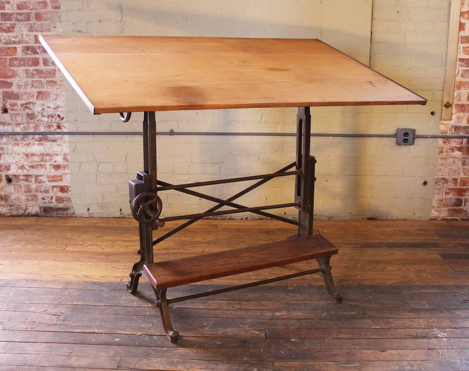 Drafting Table Vintage Industrial Cast Iron and Wood Frederick Post Adjustable  In Good Condition In Oakville, CT