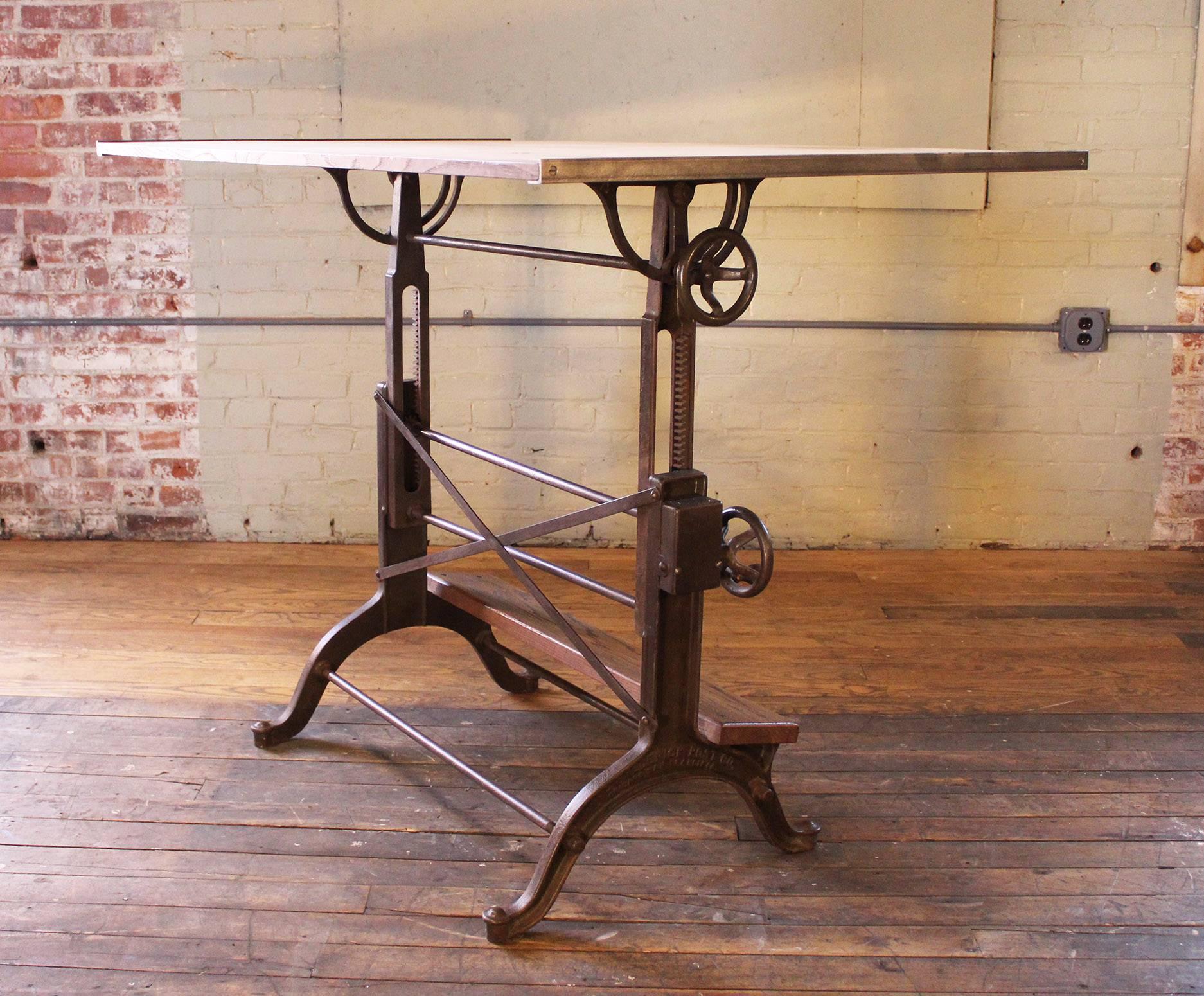 Steel Drafting Table Vintage Industrial Cast Iron and Wood Frederick Post Adjustable 